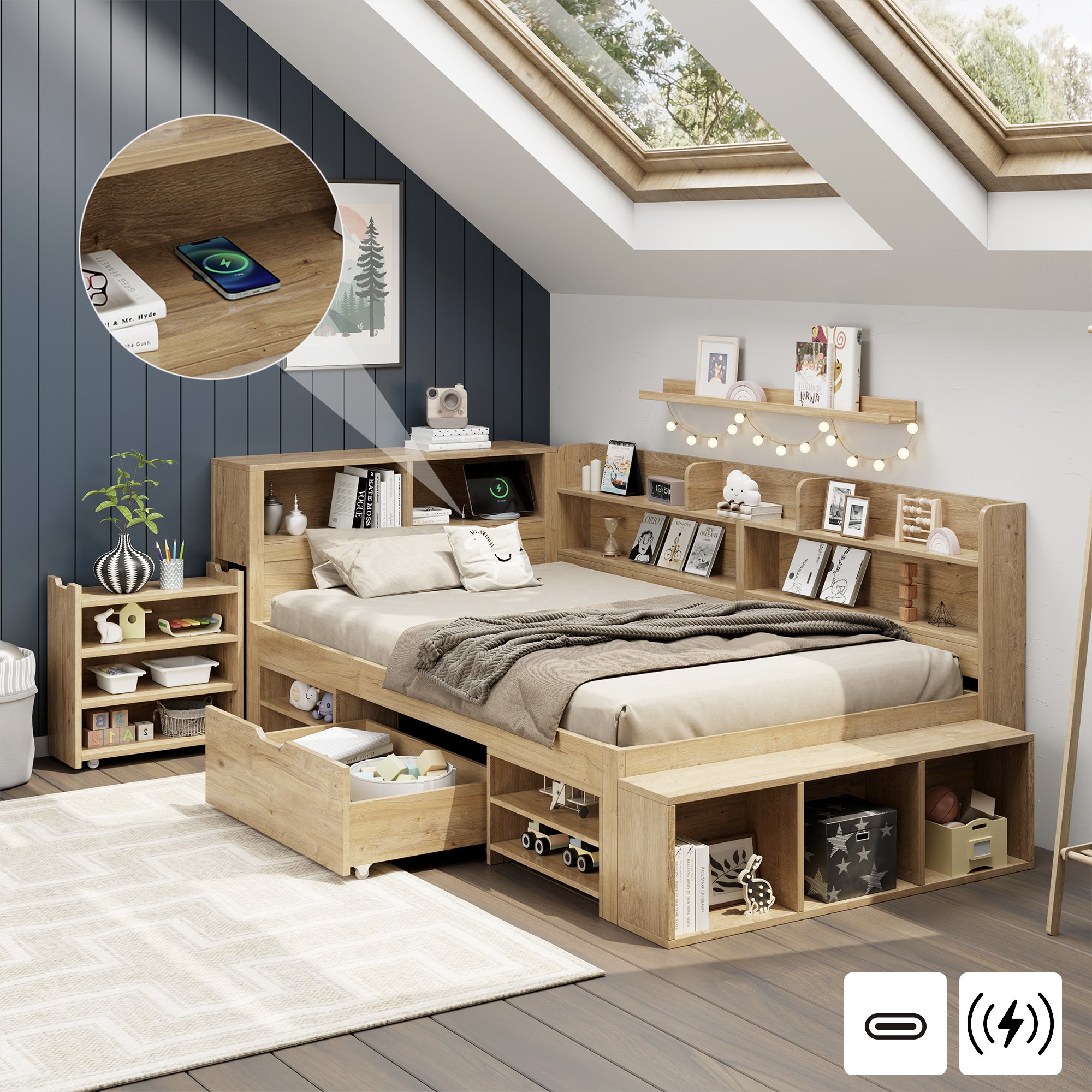 Lit enfant avec rangement en contreplaqué naturel, structure robuste avec tiroirs latéraux et tête de lit fonctionnelle
