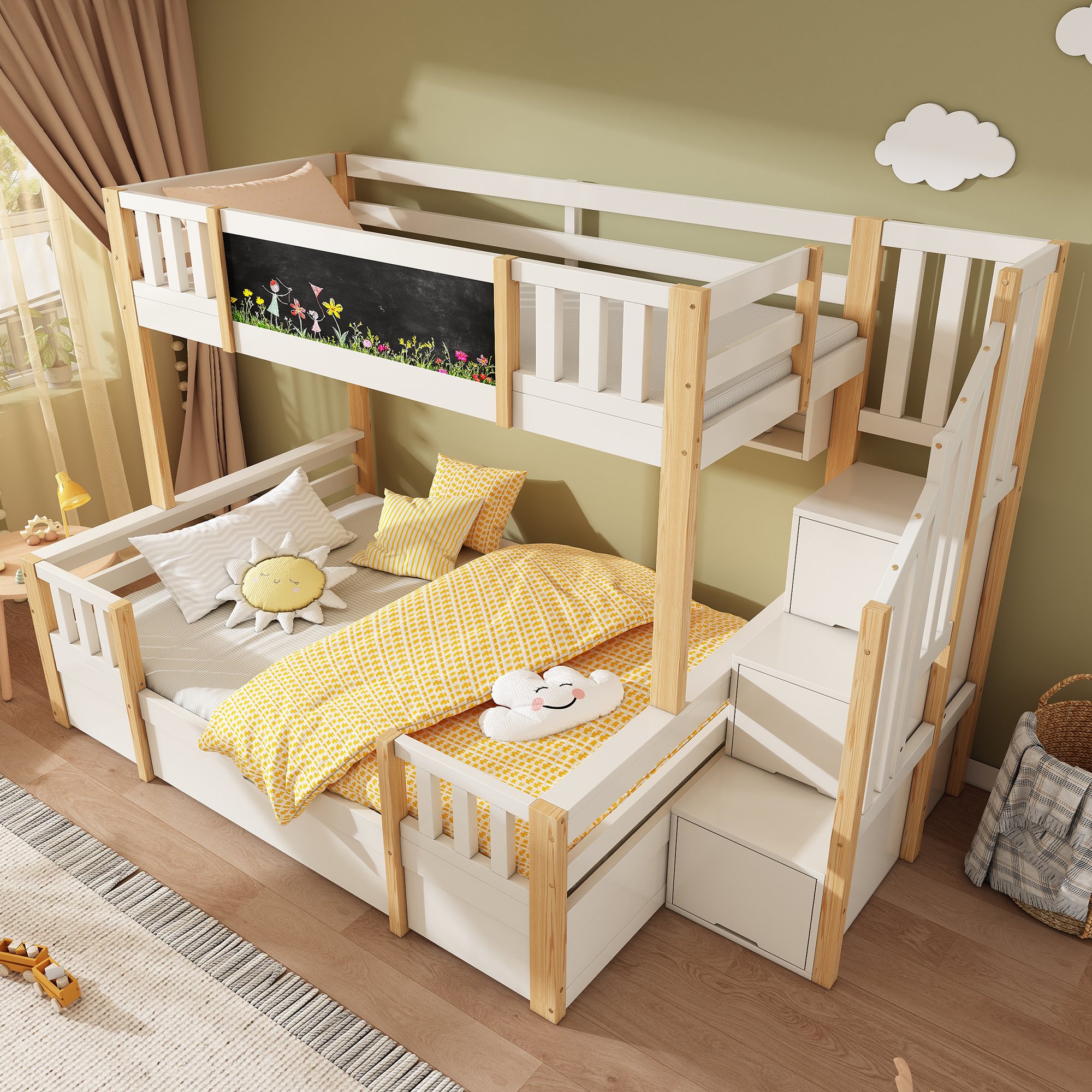 Lit superposé enfant 90x200 et 140x200 cm bois massif blanc naturel avec tableau craie et escalier rangement certifié EN747-1