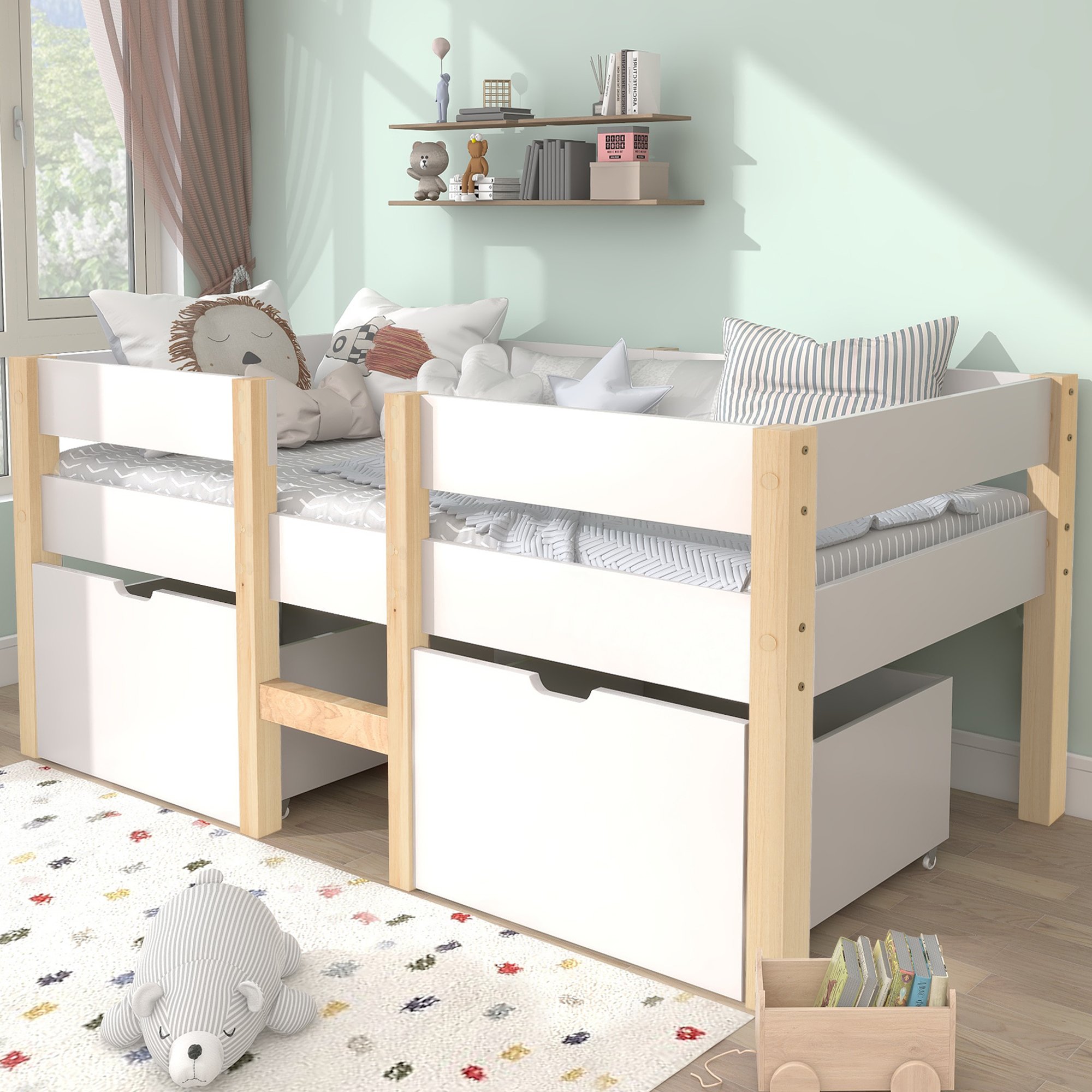 Lit enfant mi-hauteur avec barrière de sécurité et échelle, design scandinave en pin blanc, rangement sous lit