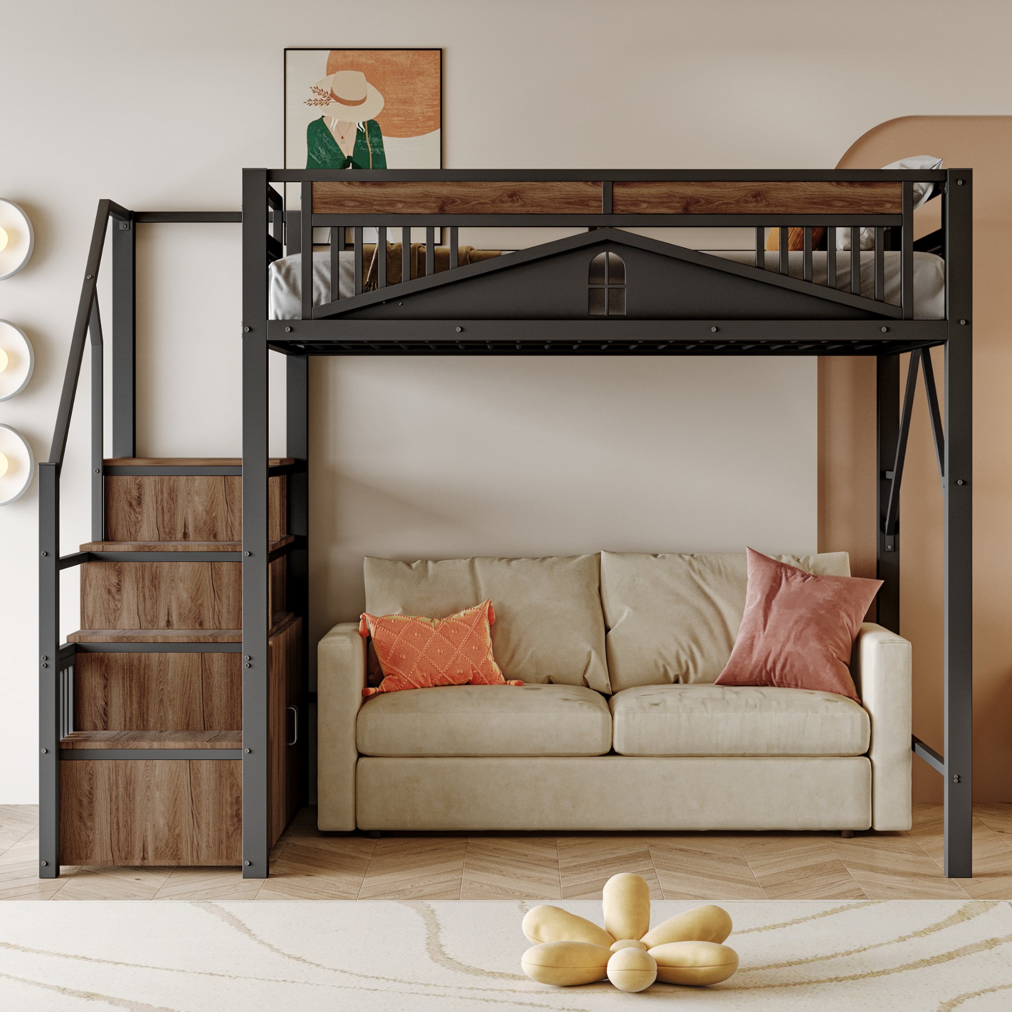 Lit mezzanine avec échelle et rangement intégré, 140x200, sécurité enfant, métal noir
