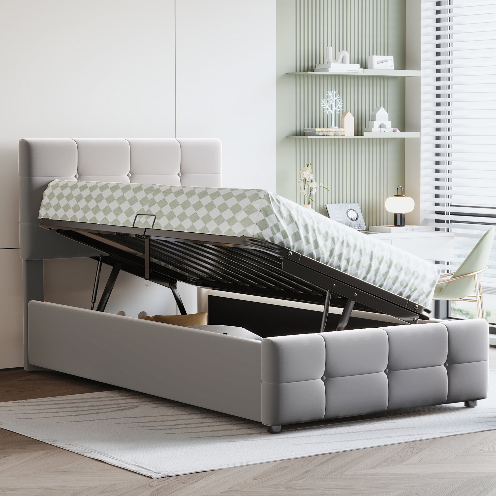 Lit coffre 90x200 en velours gris, structure Panneau composite de fibres de bois à densité et métal, avec sommier à lattes