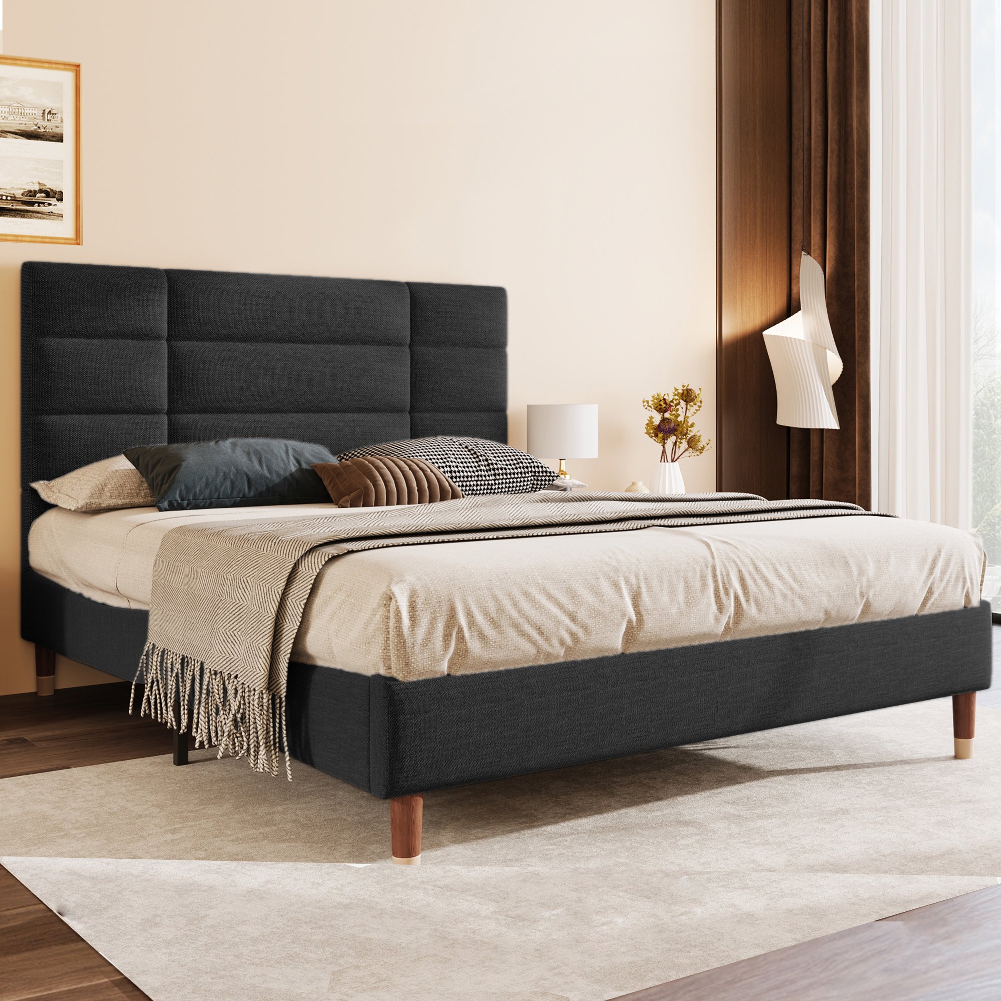 lit double rembourré 140x200 noir en lin avec cadre bois massif et structure acier renforcée pour stabilité optimale