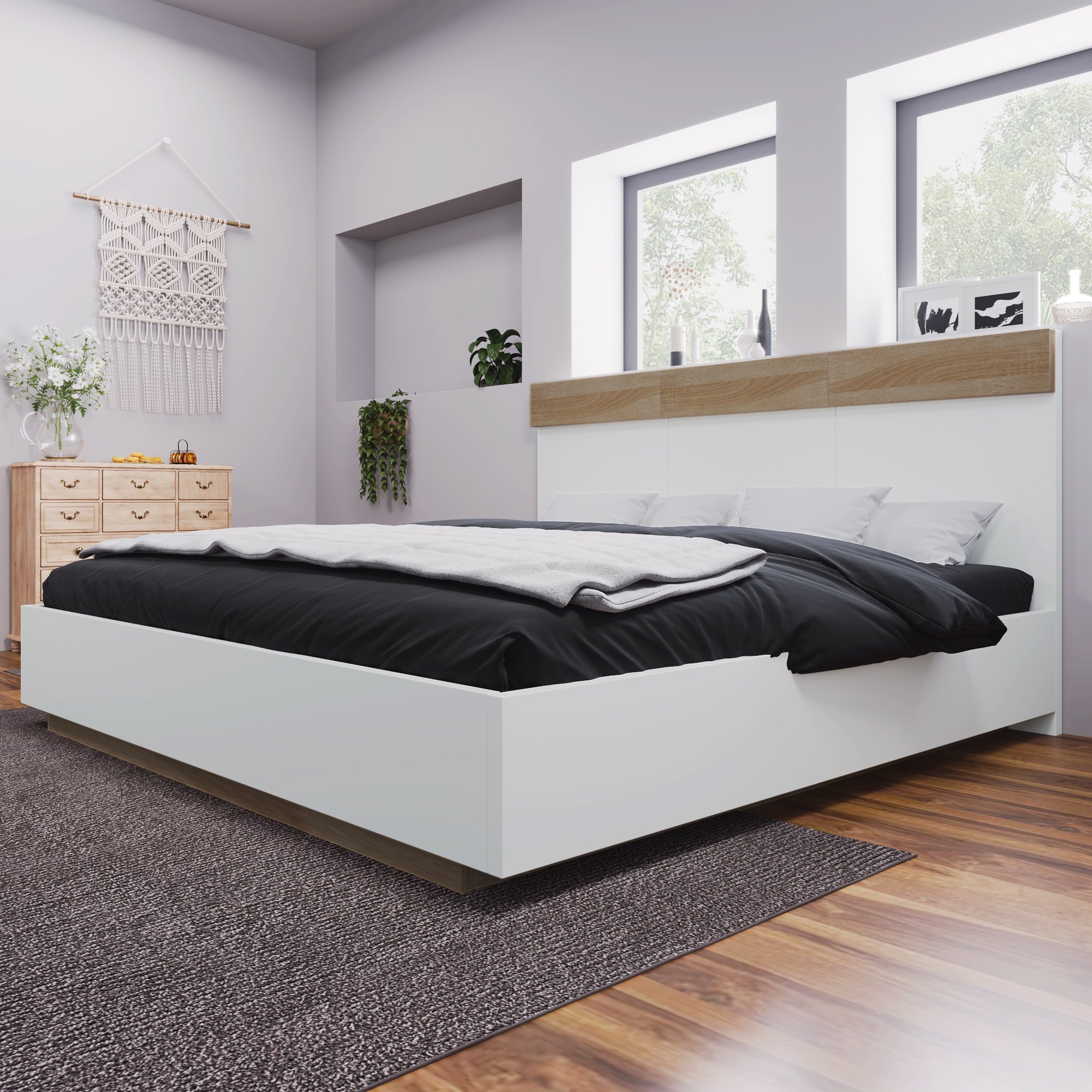 Lit 180x200 avec sommier à lattes, cadre en bois blanc et chêne sonoma, tête de lit haute 90,5 cm, style moderne