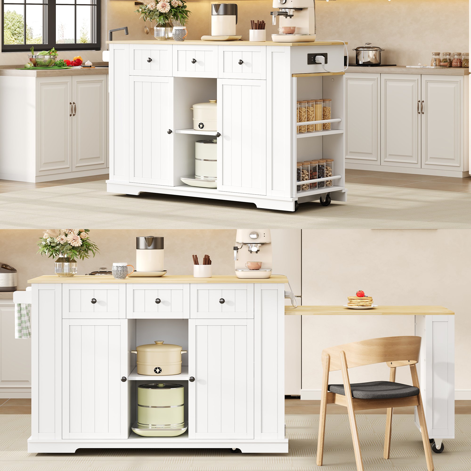 Îlot de cuisine blanc et bois naturel avec table extensible, rangements et roulettes, 138(213)x55x93 cm