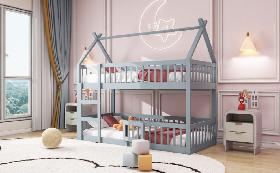 Lit superposé 90x200 cm 2 places avec escalier, bois massif, gris, pour enfant