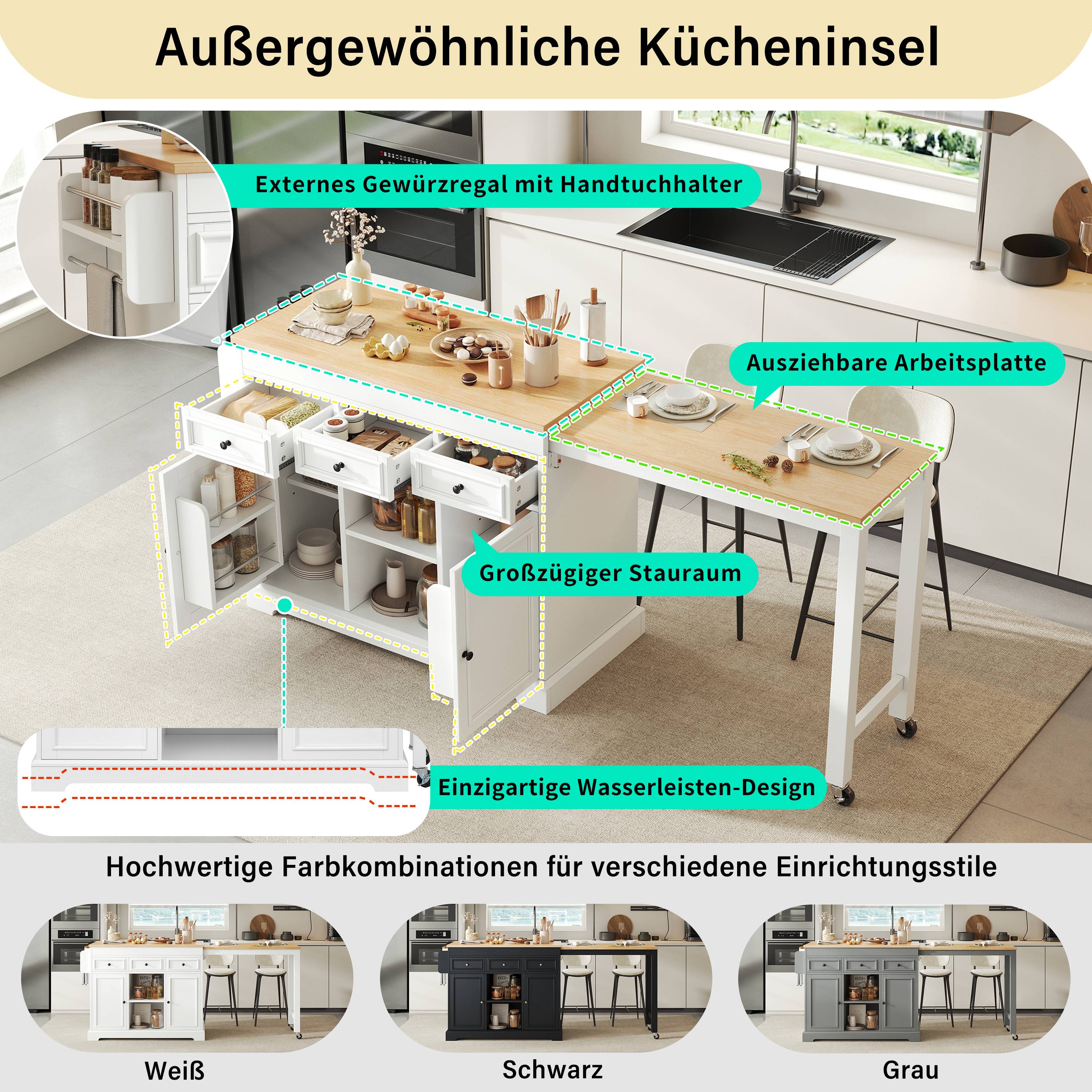 Îlot de cuisine sur roulettes avec plan de travail extensible et rangements, tiroirs, étagère à épices, blanc et bois naturel, Panneau composite de fibres de bois à densité