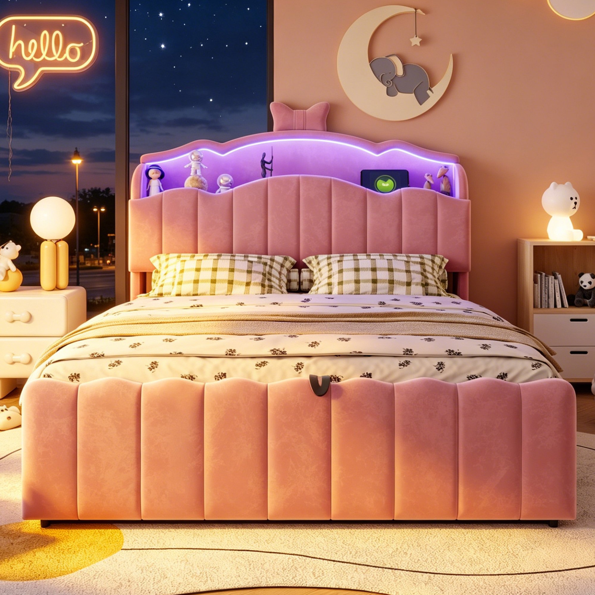 Lit coffre enfant 140x200 avec rangement hydraulique, tête de lit relevable et éclairage LED, ports USB et USB-C