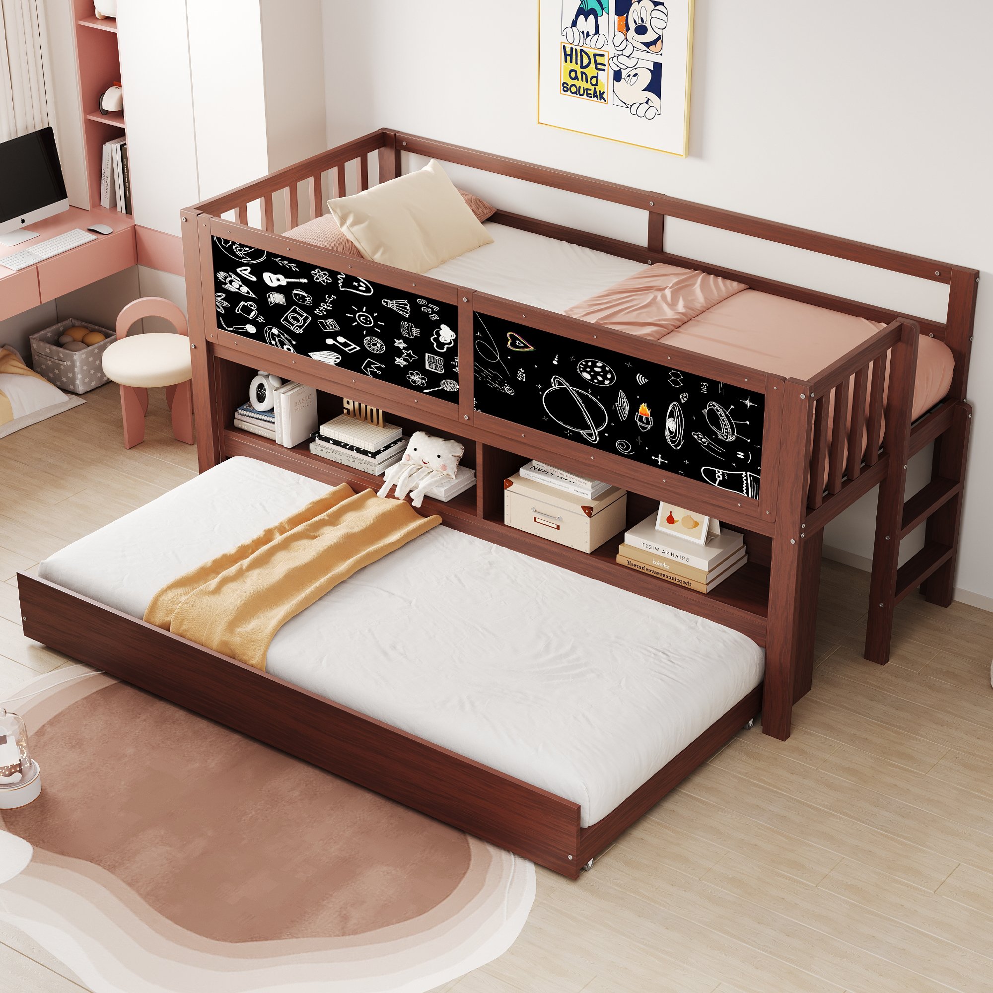 Lit cabane enfant en bois massif 90x200 avec rangement ouvert et échelle, sans matelas