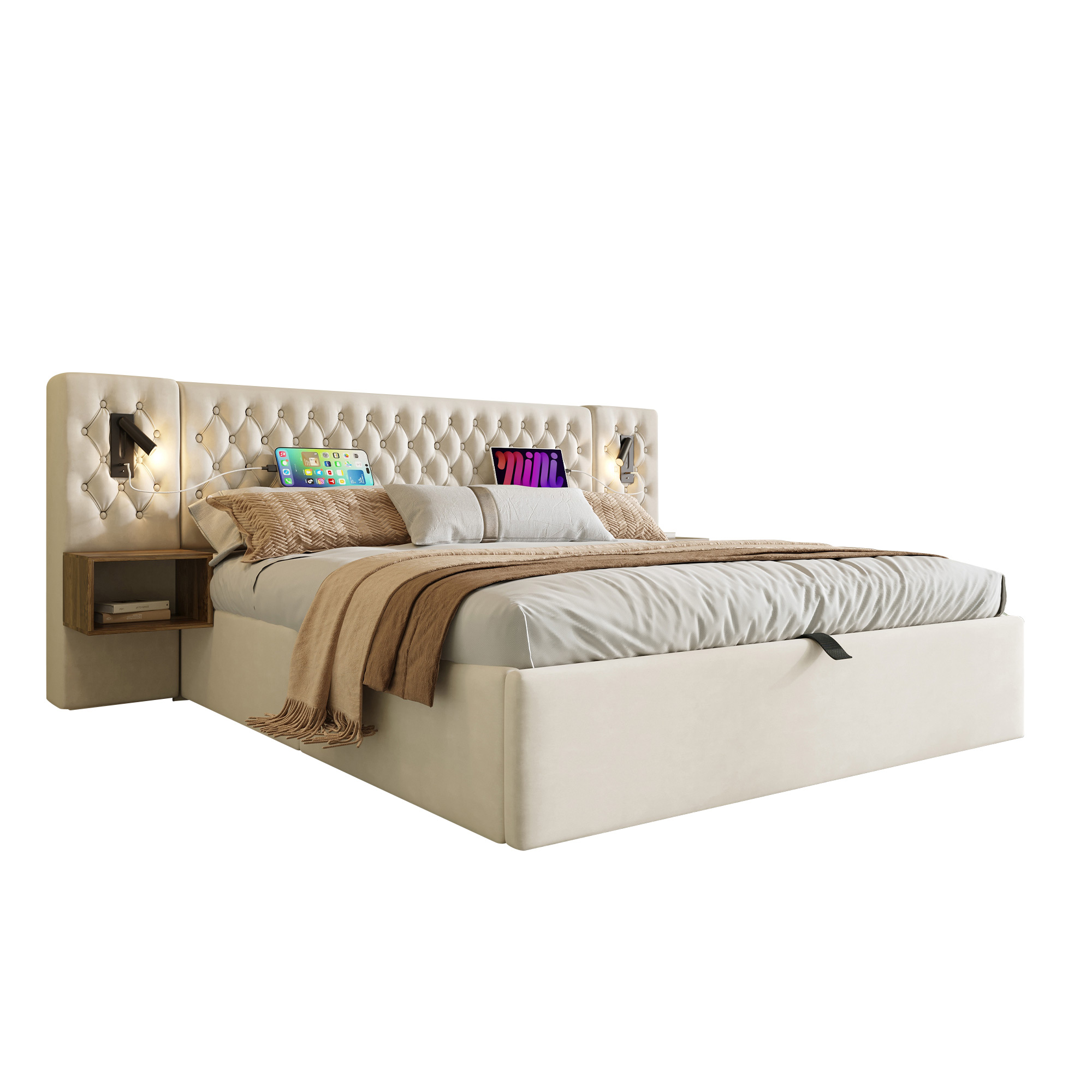 lit coffre double 160x200 cm avec cadre renforcé, rangement sous couchage hydraulique et tête de lit fonctionnelle