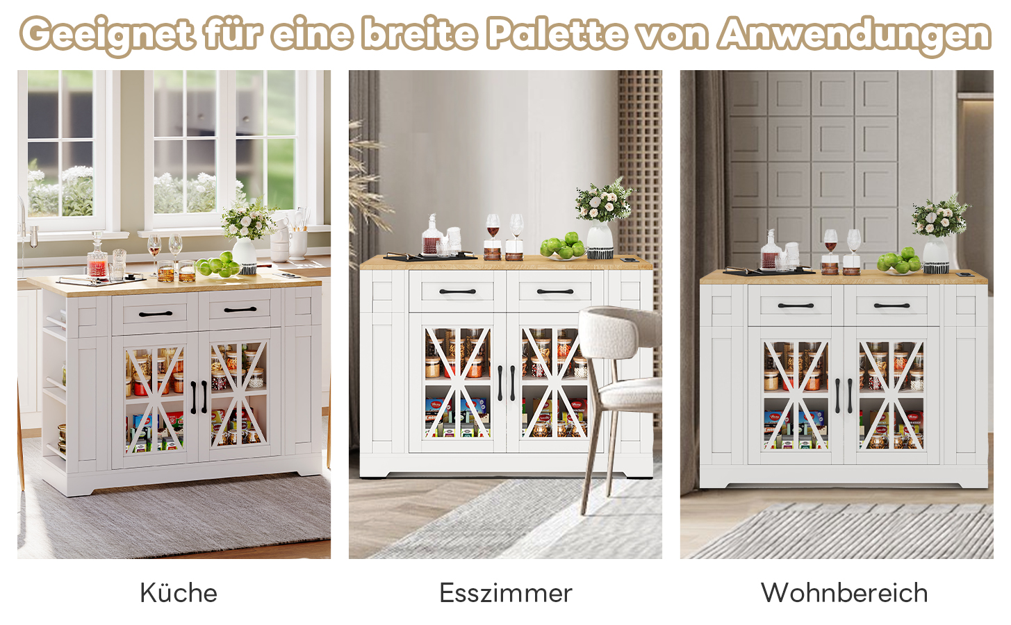 Îlot de cuisine blanc 120x65 cm avec plan de travail extensible, rangements, prises AC et USB, roulettes avec freins