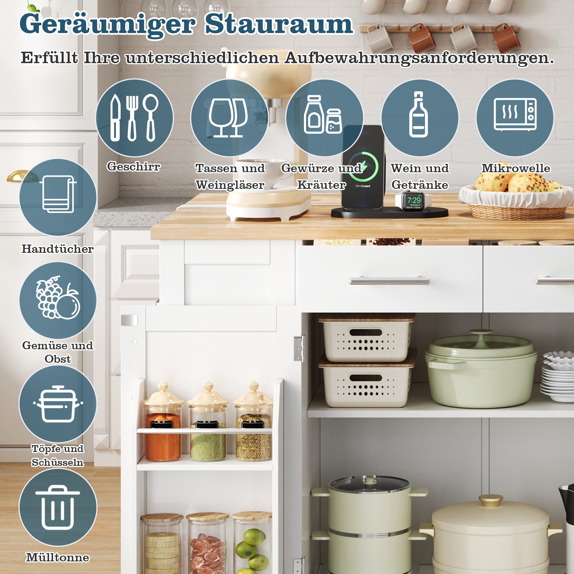 Îlot de cuisine 138 cm blanc aspect bois avec plan rabattable, roulettes silencieuses, prises EU, étagères et poubelle intégrée