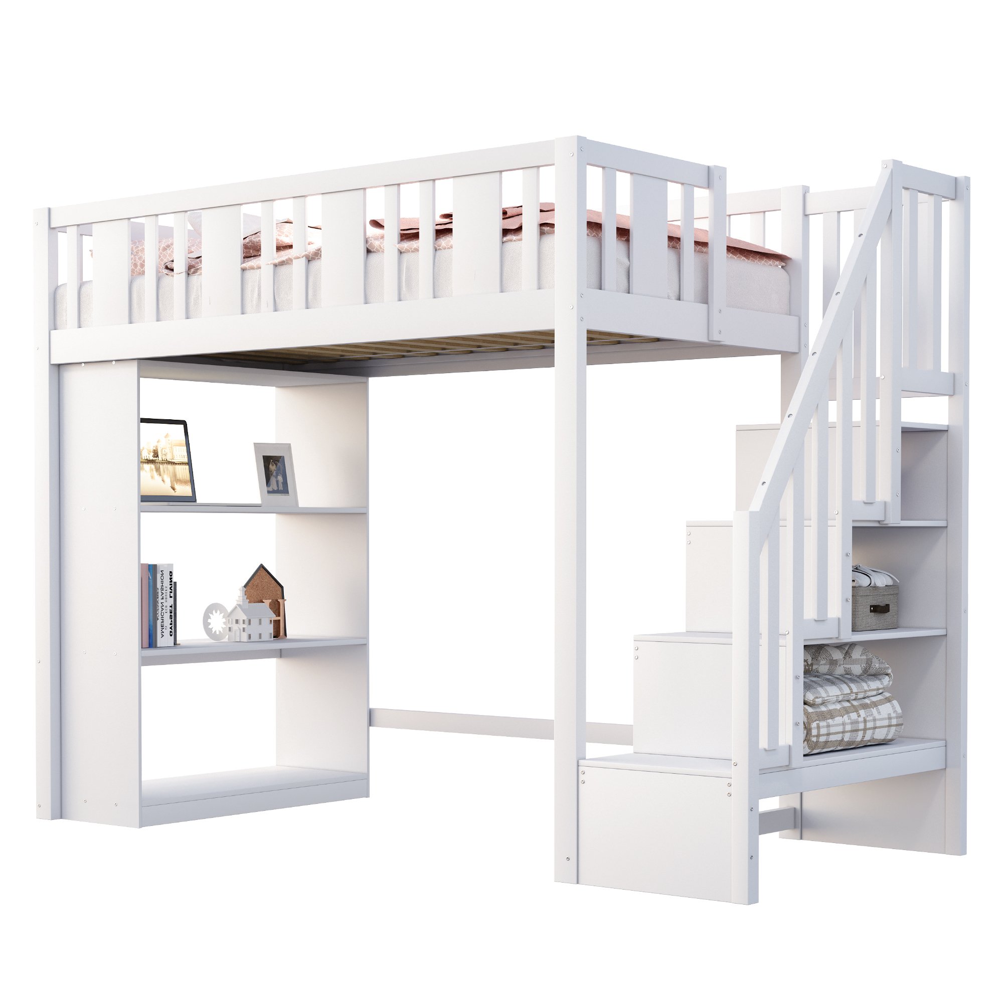Lit mezzanine 90x200 cm pour enfant avec rangements, échelle et barrière de sécurité