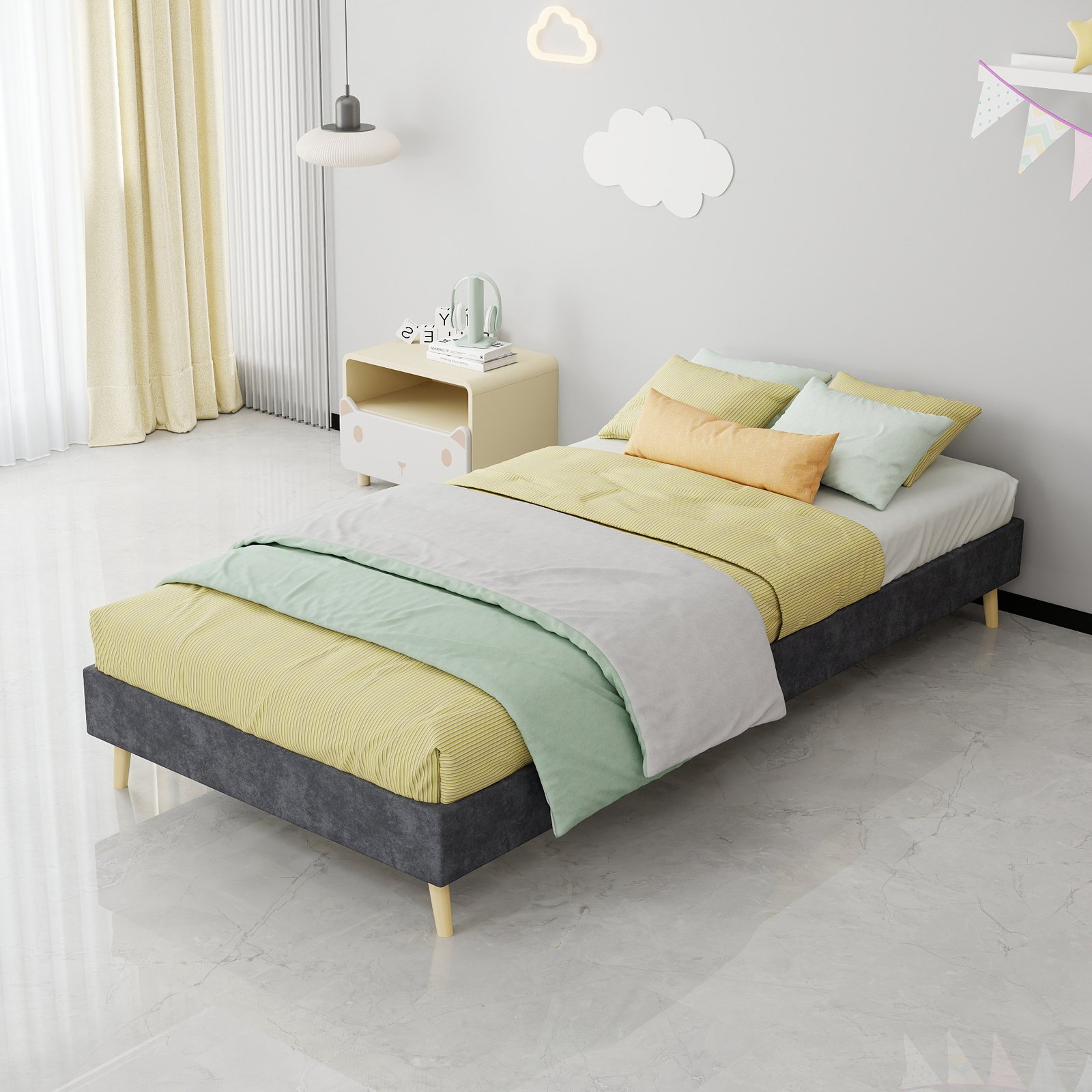 Cadre de lit moderne 90x200, structure stable, rembourrage confortable, pieds en bois, sans tête de lit