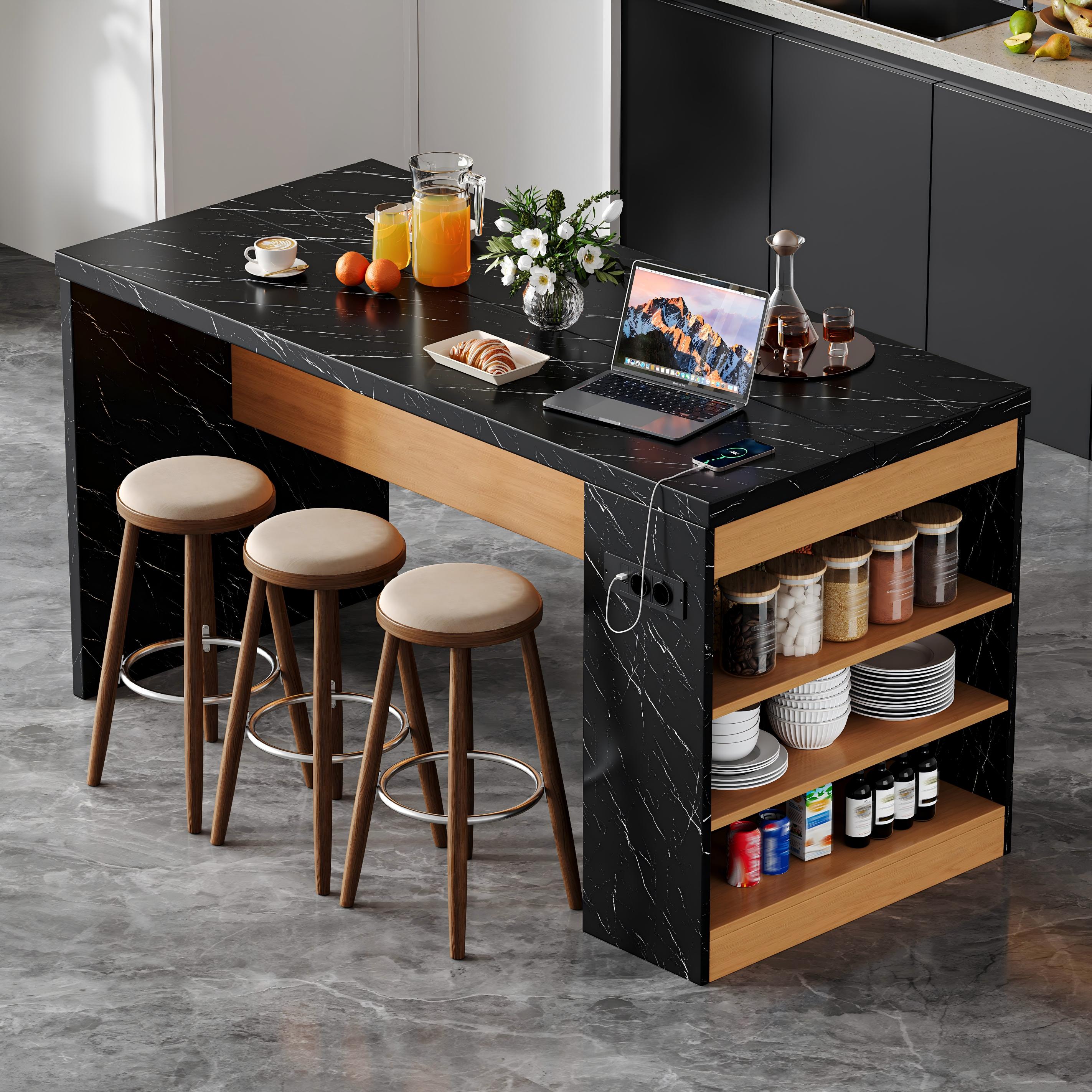 Îlot de cuisine 155x80x90 cm noir et bois, plan de travail 40 mm, LED intégrée, prises USB, rangements