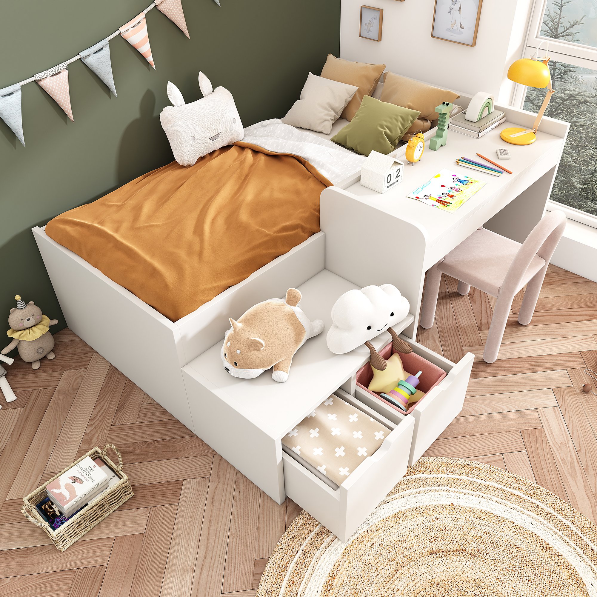lit enfant avec tiroirs 90x200 blanc en bois massif avec bureau intégré et sommier à lattes