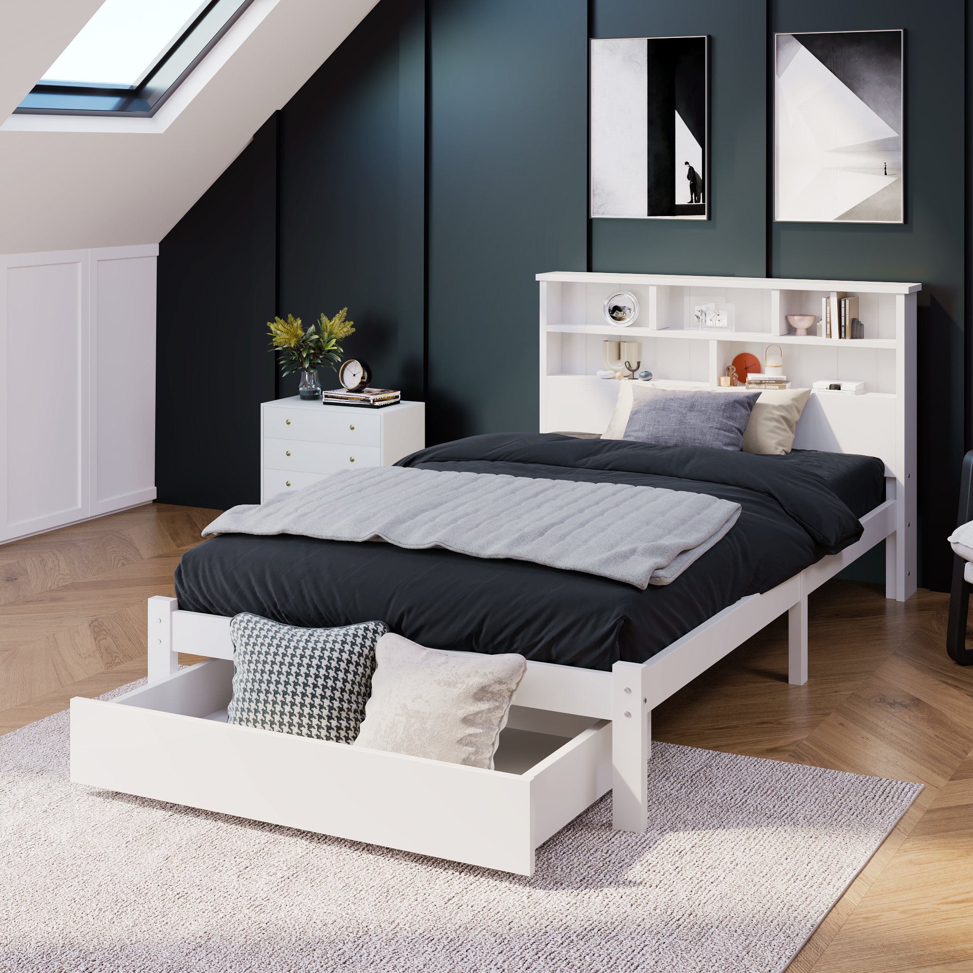 Lit coffre 90x200 avec tiroirs sur roulettes et tête de lit bibliothèque pour rangement optimisé chambre enfant blanc