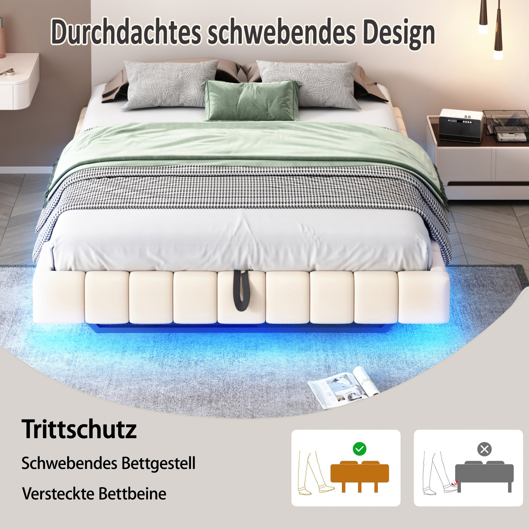 Lit coffre 180x200 en lin beige avec rangement hydraulique et LED, sommier à lattes