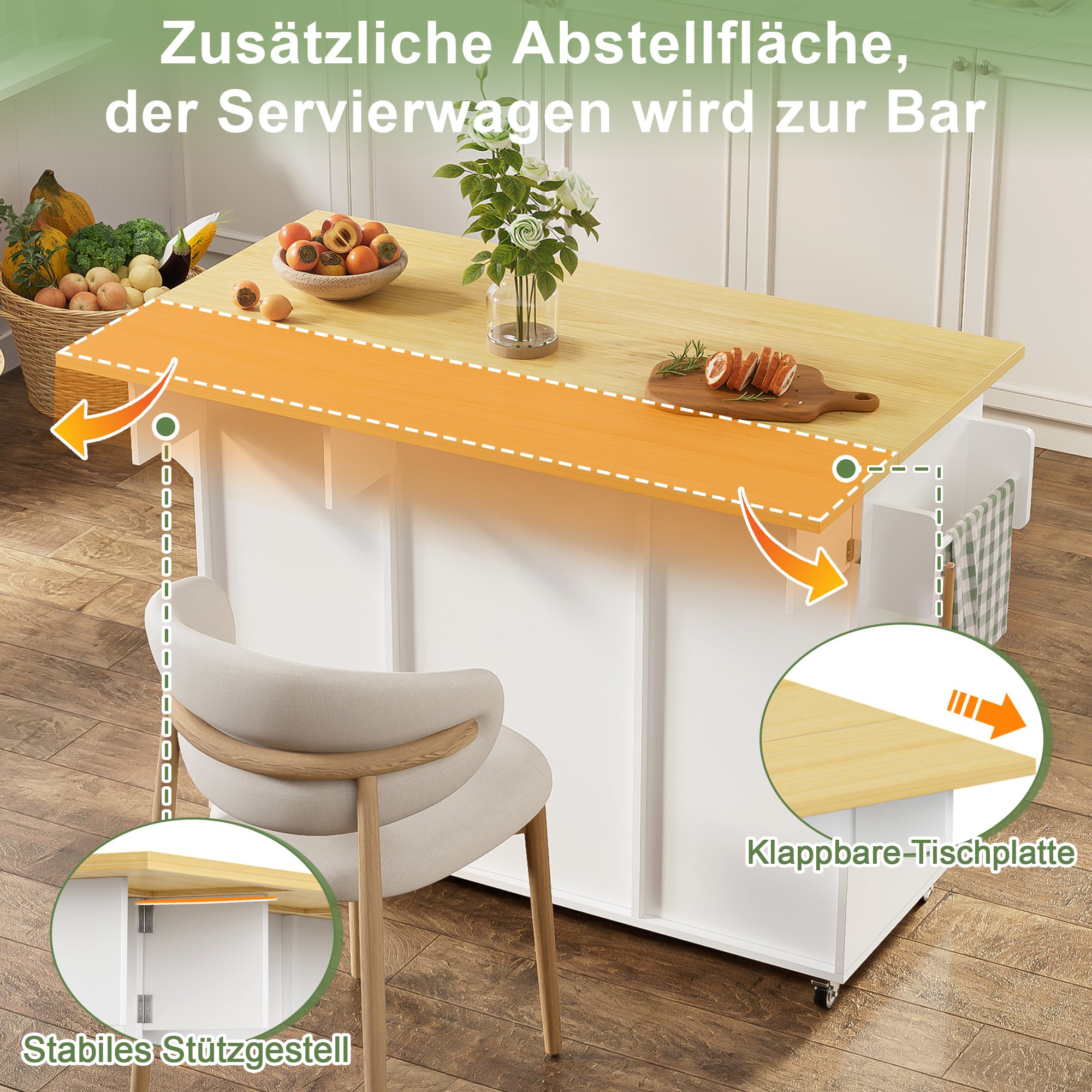 Îlot de cuisine roulant avec plan de travail rabattable, rangement spacieux, étagère à épices, porte-serviettes, blanc, 120 cm