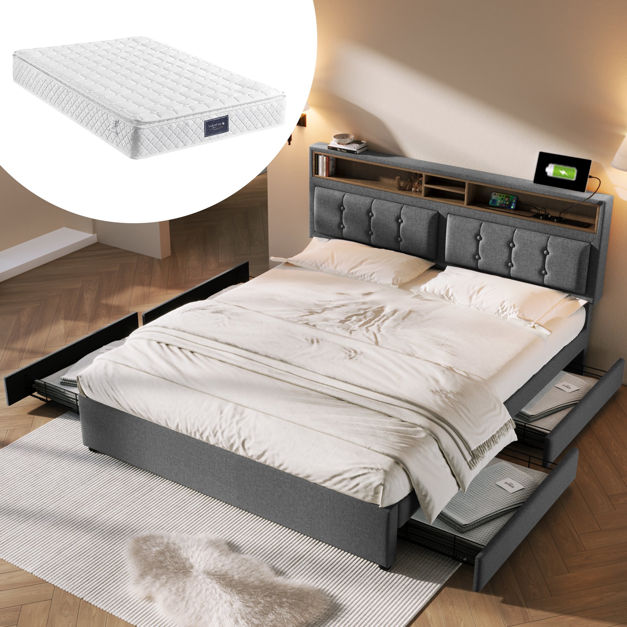 Lit double rembourré 140x200 avec sommier et matelas, lit coffre gris 4 tiroirs USB