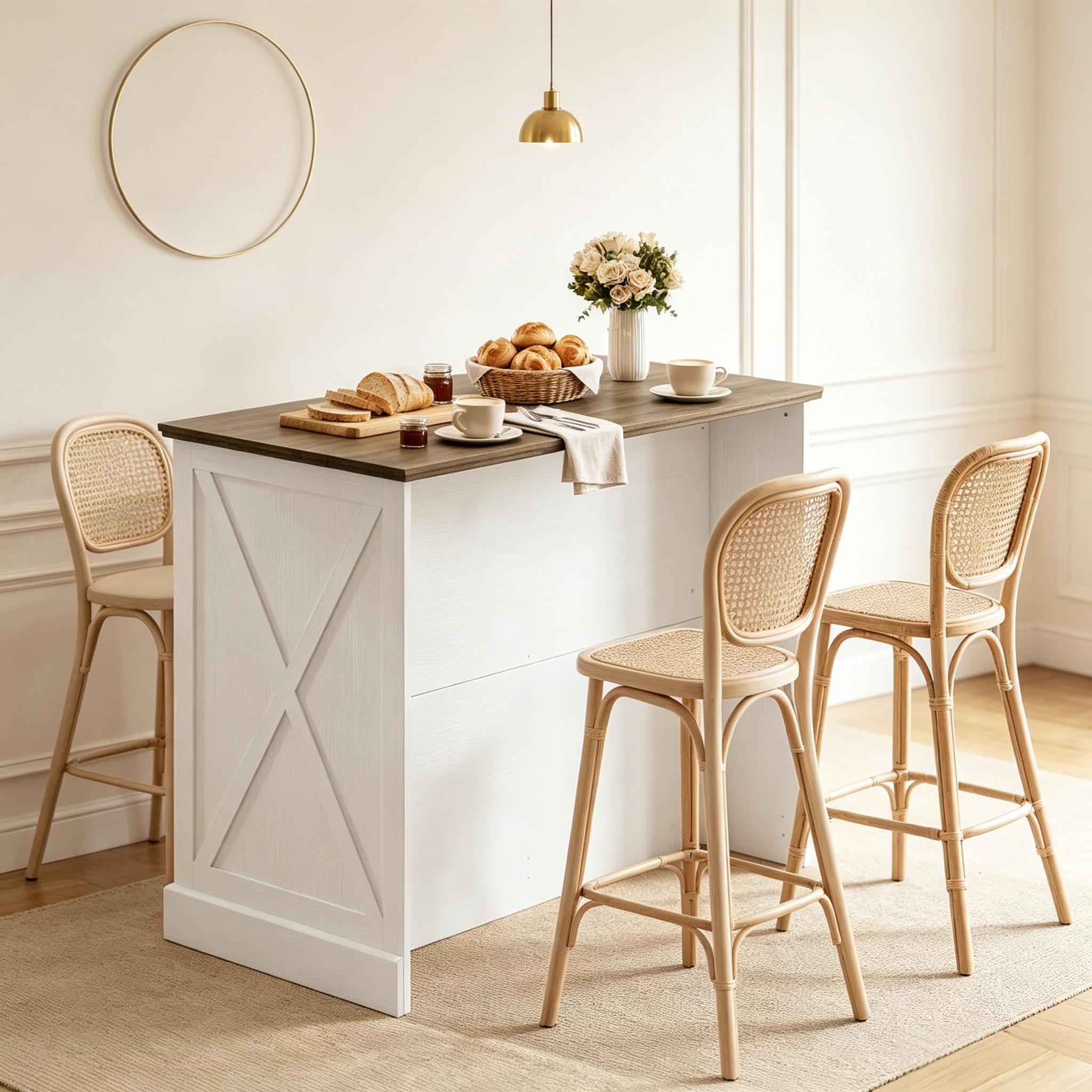 Îlot de cuisine en panneaux de particules et Panneau composite de fibres de bois à densité, blanc et brun antique, 106x57x92 cm, avec 2 tiroirs et armoire coulissante