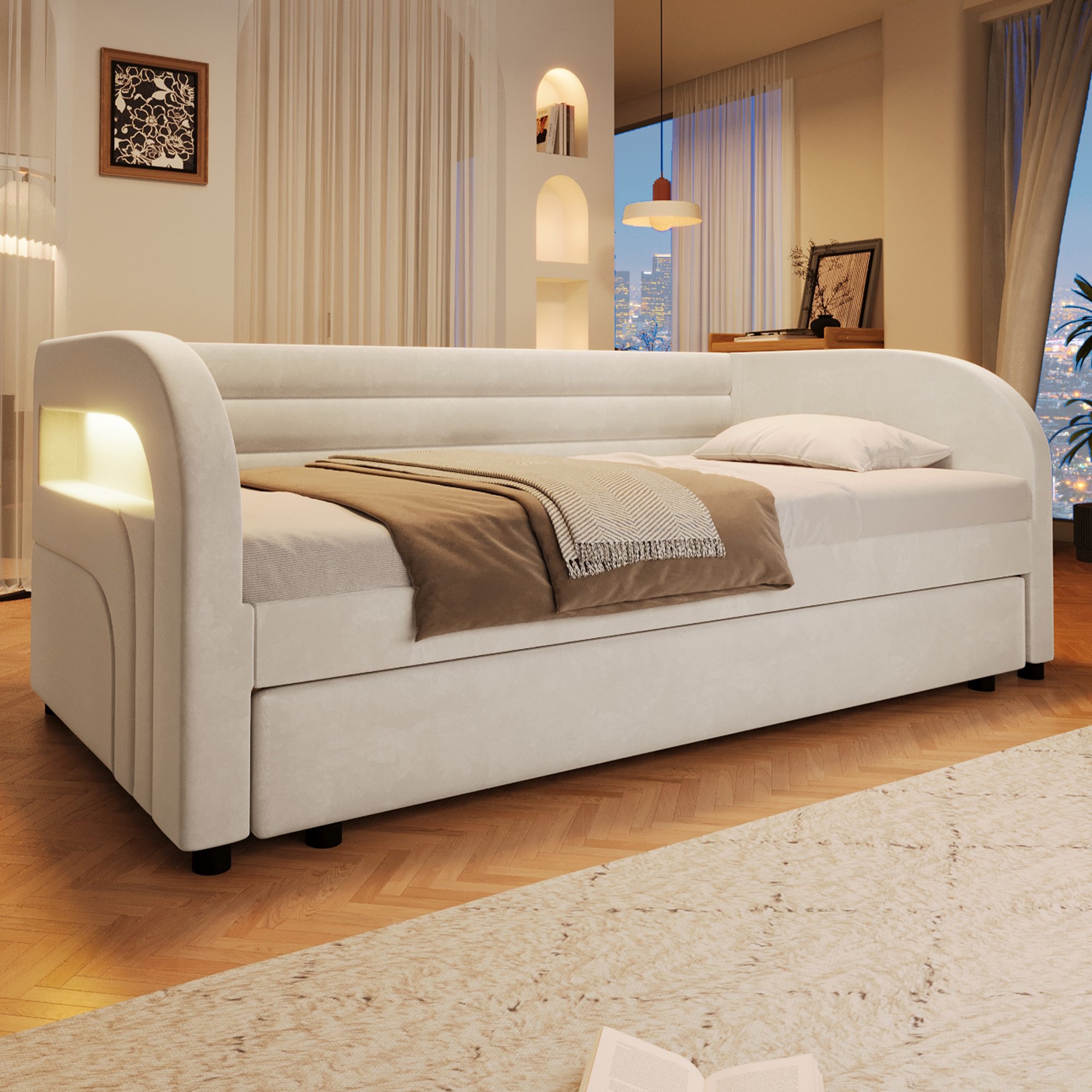 Lit gigogne 90x200 beige avec LED, tiroir escamotable, rembourré en flanelle et Panneau composite de fibres de bois à densité, pour enfant ou invité