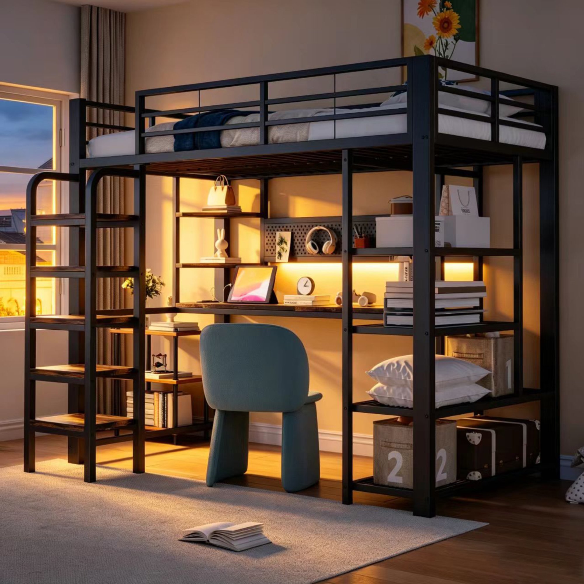 Lit mezzanine avec bureau intégré, éclairage LED et prises électriques, 90x200 cm