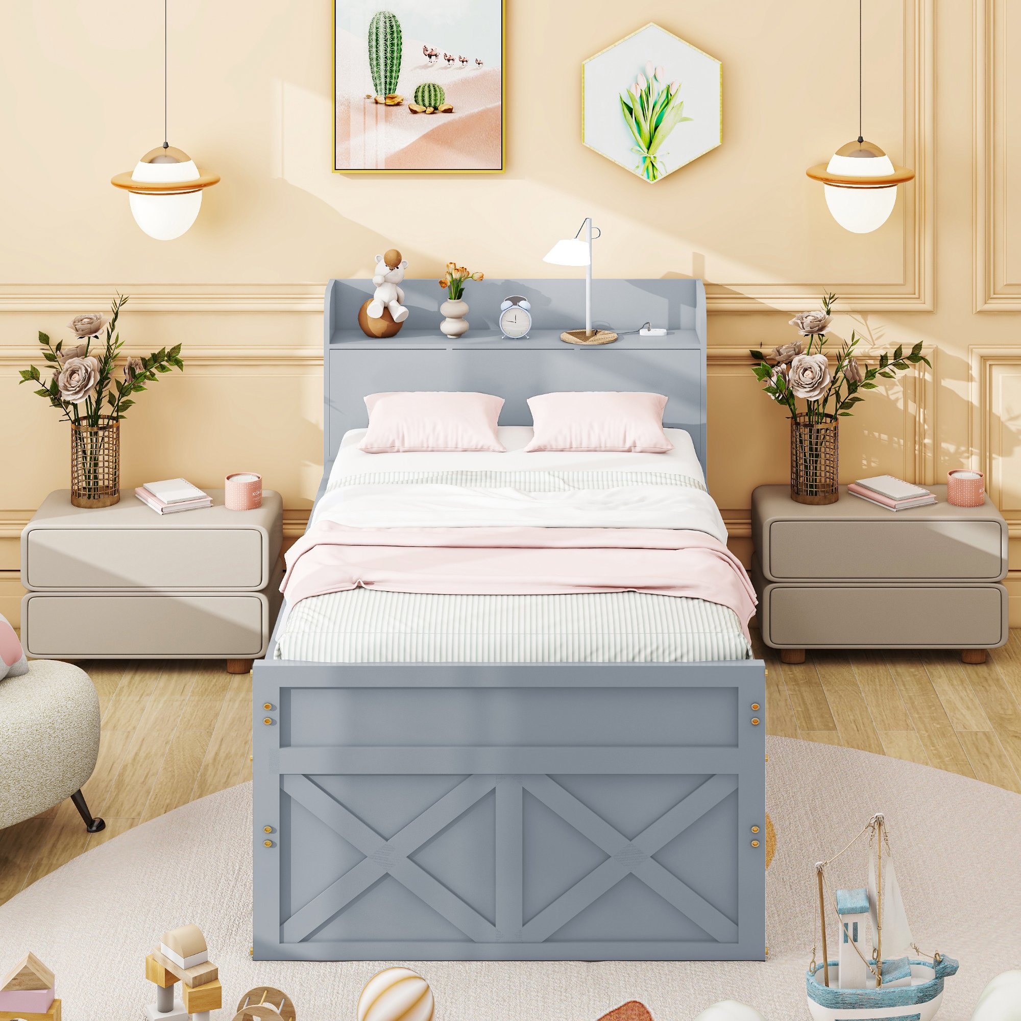 Lit gigogne 90x190 pour enfant ou invité, avec rangement, tiroirs et table de chevet, bois massif gris