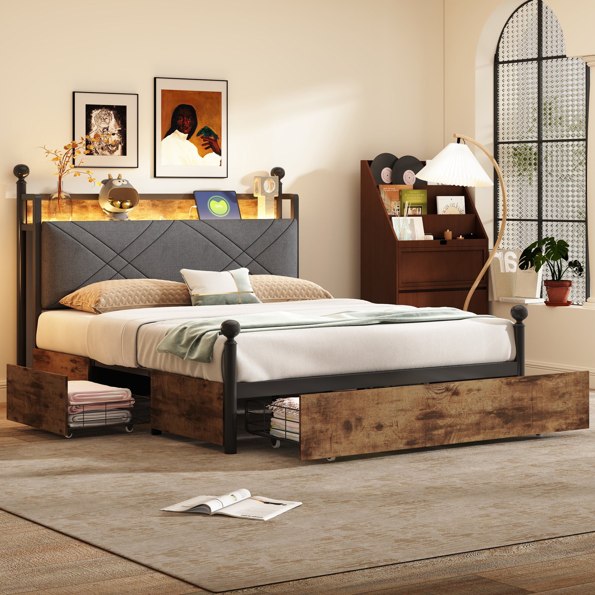Lit coffre 140x190 en métal et bois avec tête de lit rembourrée et rangement intégré