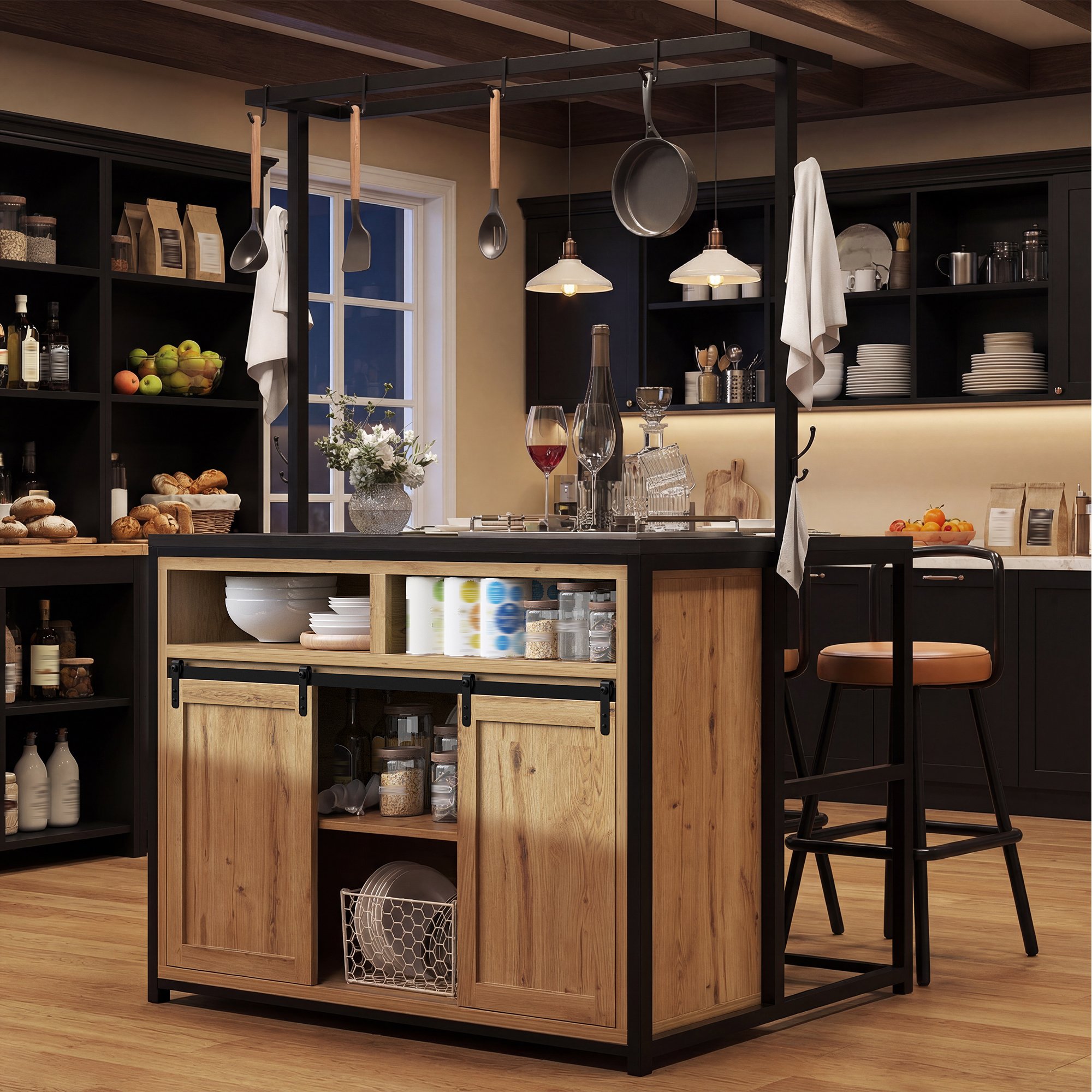 Îlot de cuisine avec rangement et prise électrique, 107x62x183 cm, bois et métal, noir, pour cuisine et salle à manger