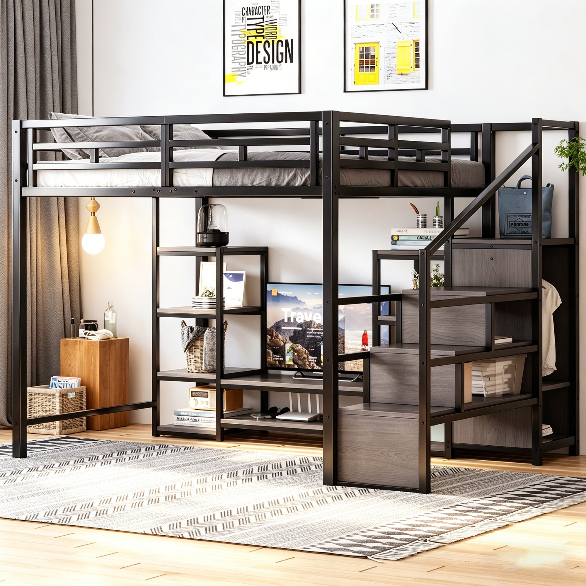 Lit mezzanine 140x200 cm 2 places en métal et bois avec échelle de sécurité et rangement