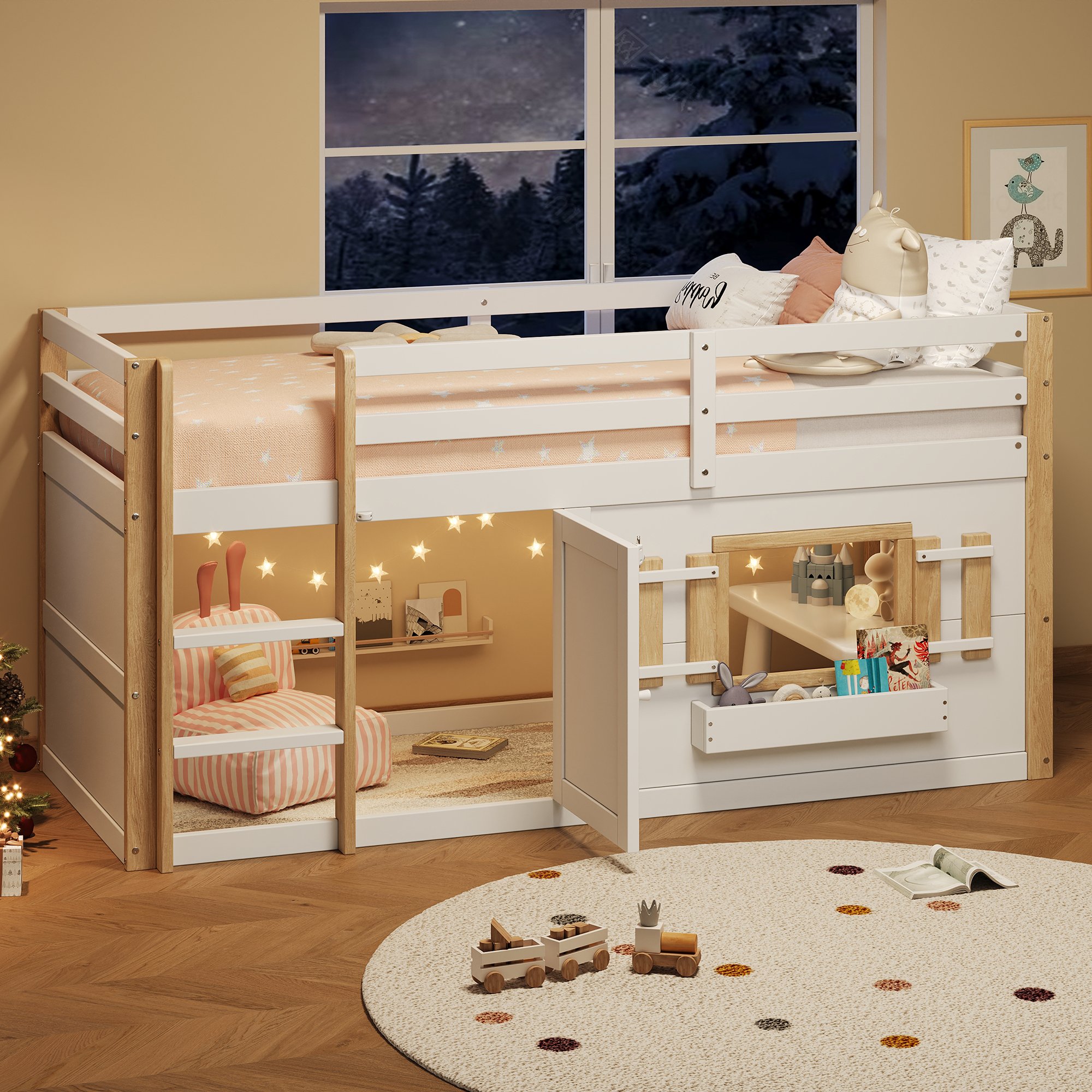 Lit superposé enfant 90x200 cm blanc en bois massif et Panneau composite de fibres de bois à densité, robuste structure avec échelle intégrée pour chambre d'enfant