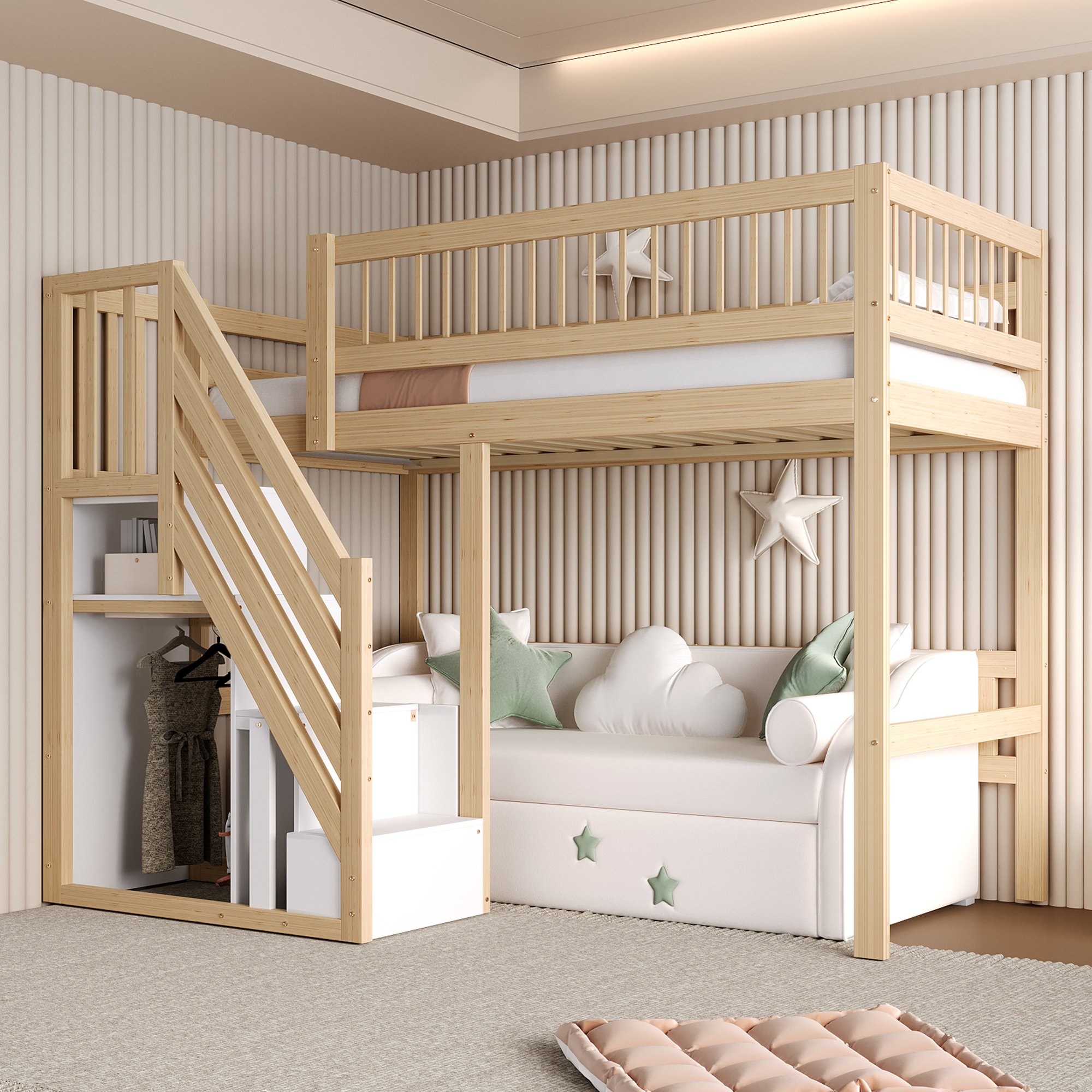 Lit enfant 90x200 avec rangement intégré et barrière de sécurité, bois massif