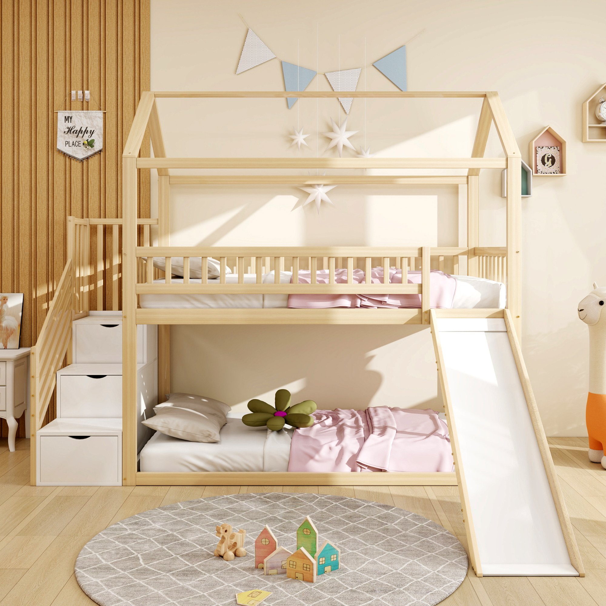 Lit mezzanine enfant avec toboggan et échelle de rangement, couchage 90x200, barrière de sécurité, bois massif