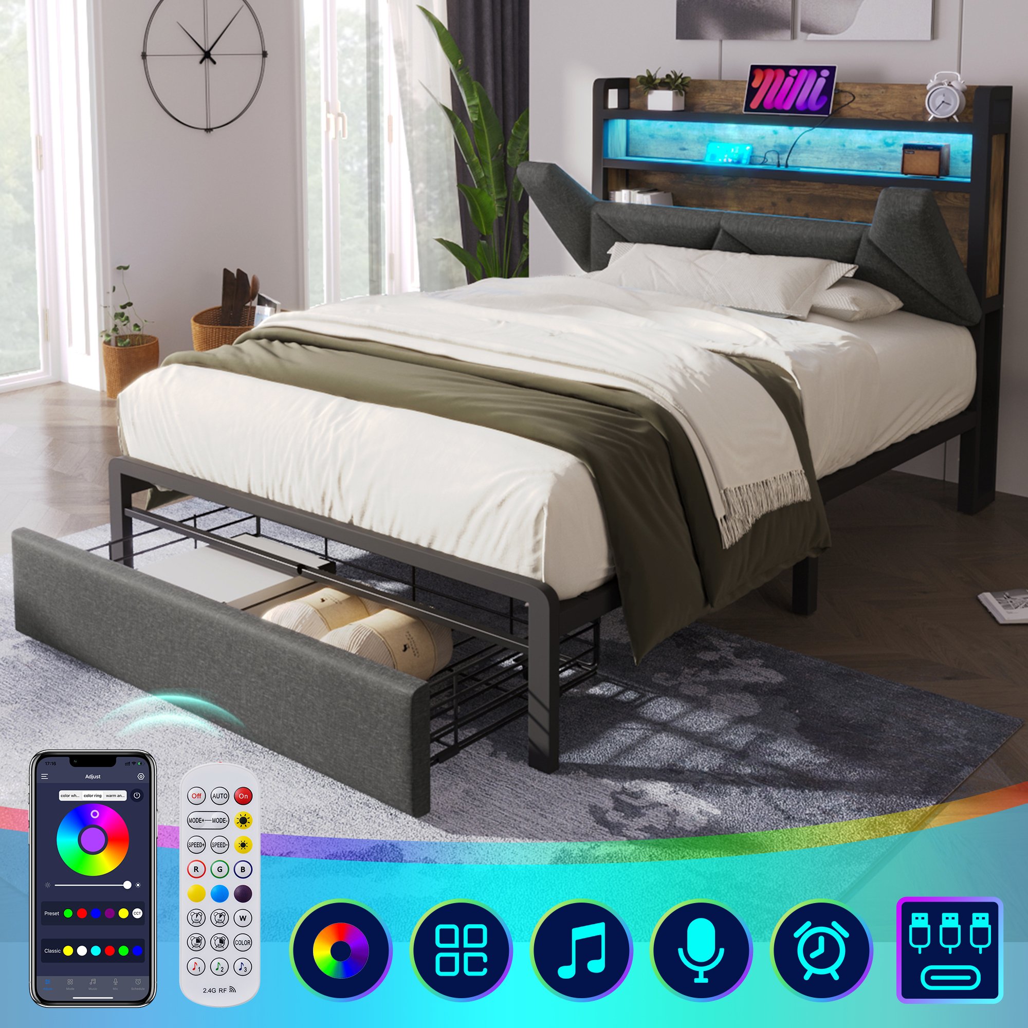 lit coffre 90x200 avec tête de lit rangement, LED télécommande, USB Type-C, tiroirs roulettes et sommier métal gris lin