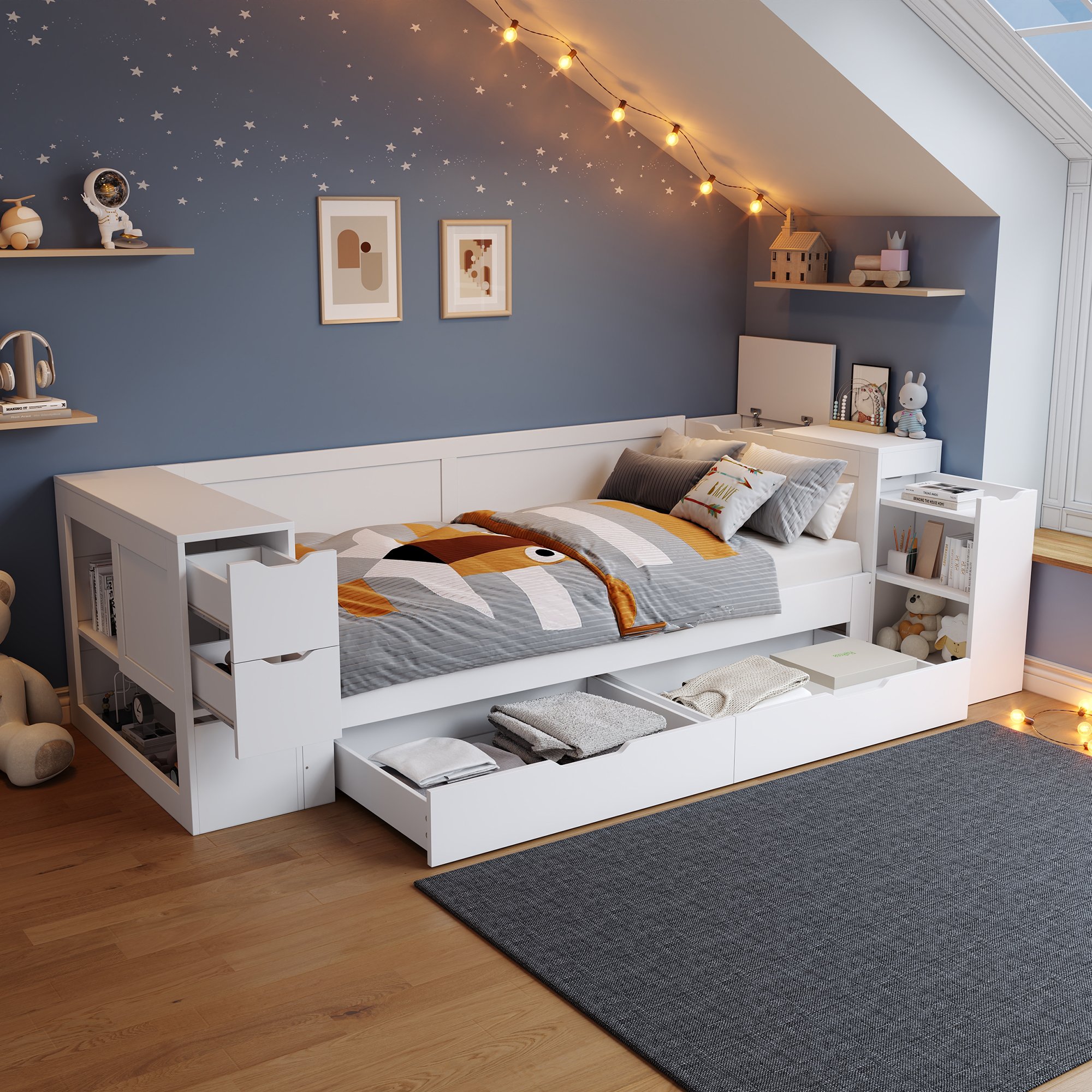 Lit enfant avec rangement blanc 90x200 cm, lit simple Panneau composite de fibres de bois à densité multifonction avec tiroirs et étagères, sans matelas