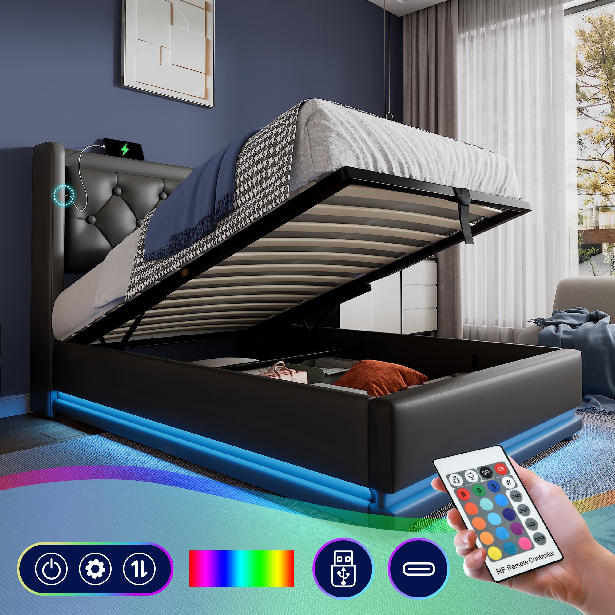 lit coffre 90x200 structure métallique revêtement PU noir, tête de lit rembourrée, LED intégrée et sommier à lattes