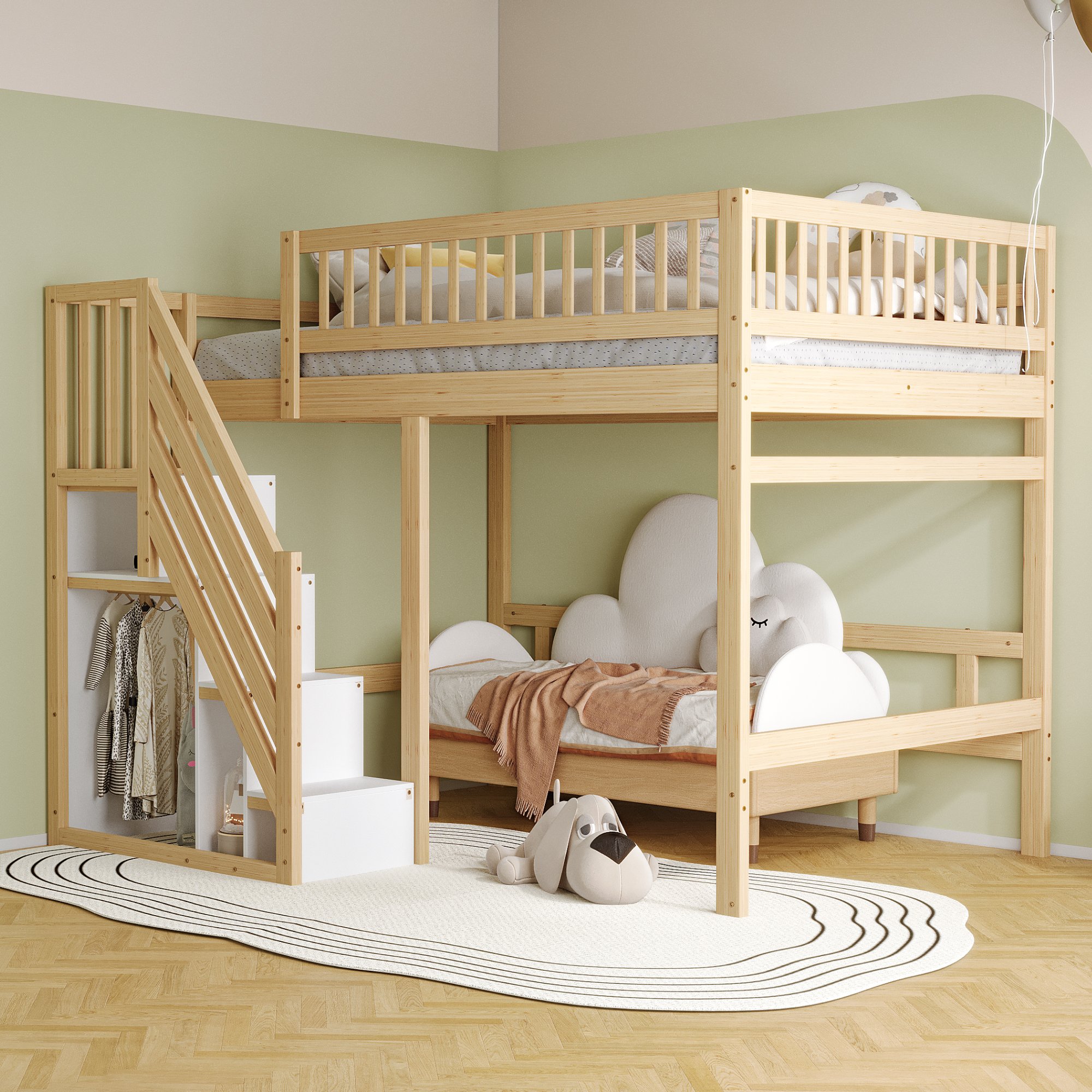 Lit enfant en bois massif 140x200 avec échelle et rangement, barrière de sécurité, couleur bois naturel