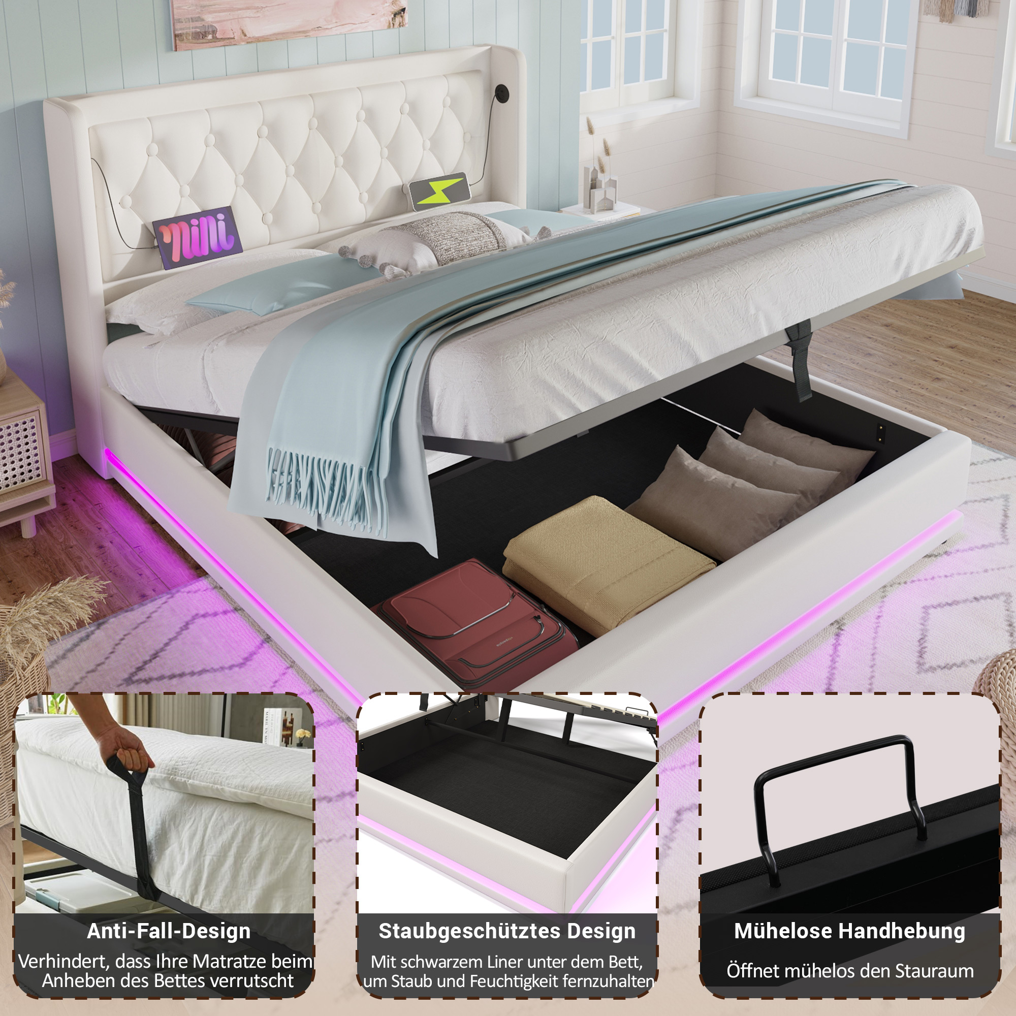 lit coffre 140x200 structure métallique revêtement PU blanc avec LED intégrée
