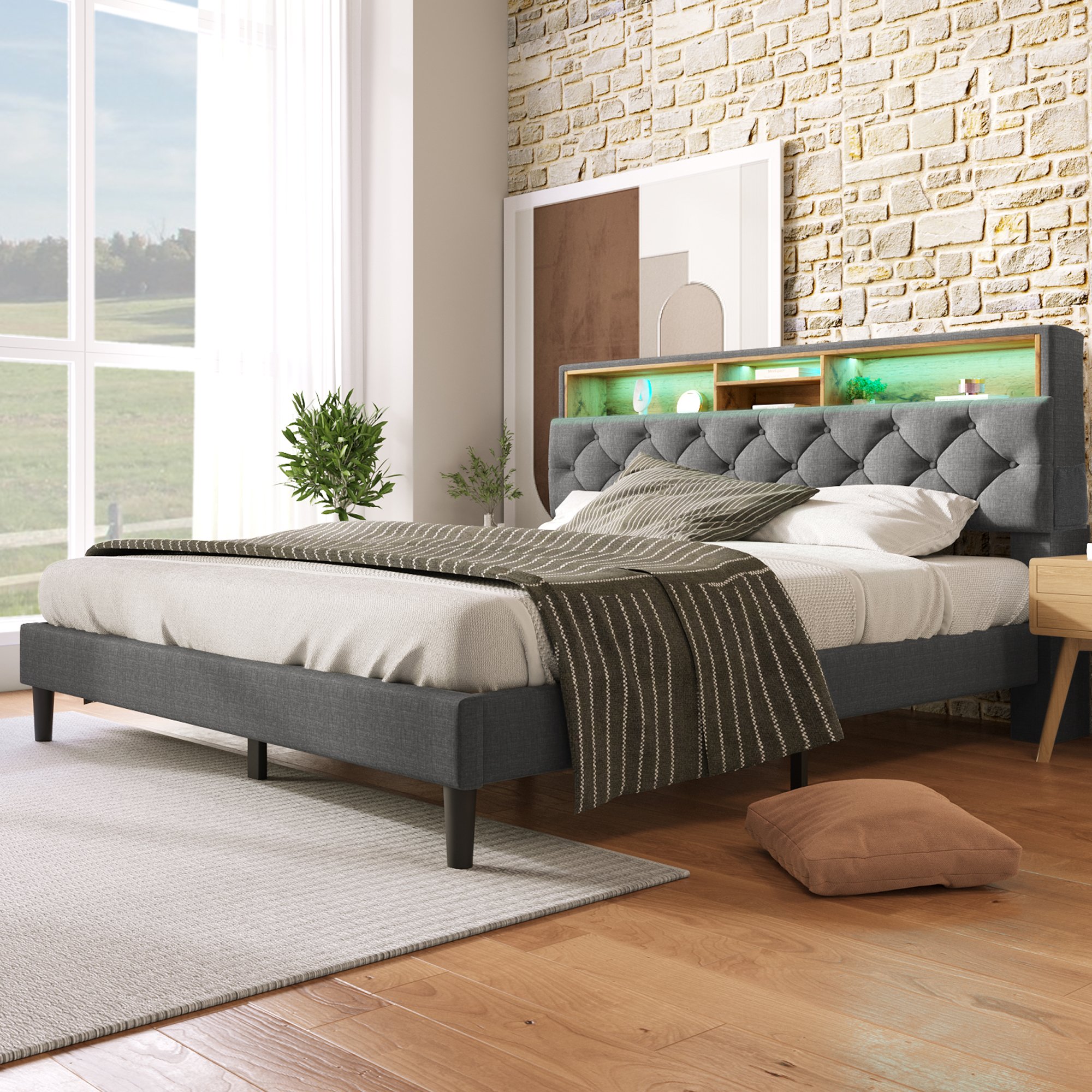 Lit coffre 140x200 gris capitonné avec LED musicale et matelas ressorts ensachés H3