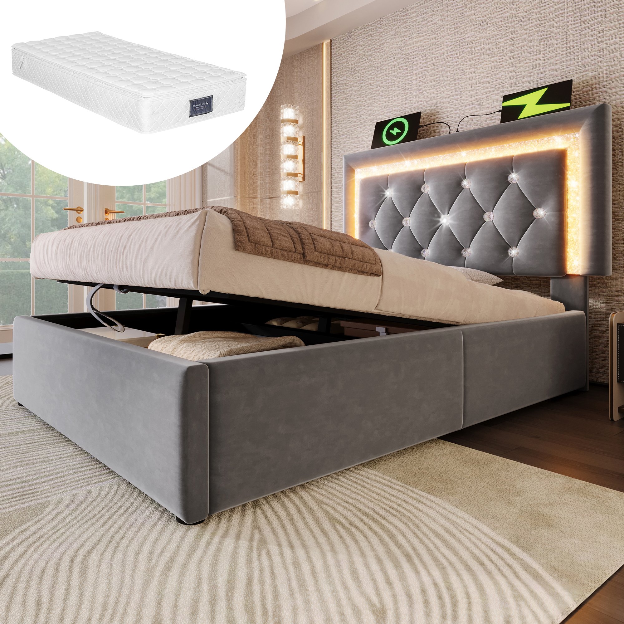 Lit coffre 90x200 avec matelas et LED, lit adolescent velours gris avec ports USB et stockage hydraulique