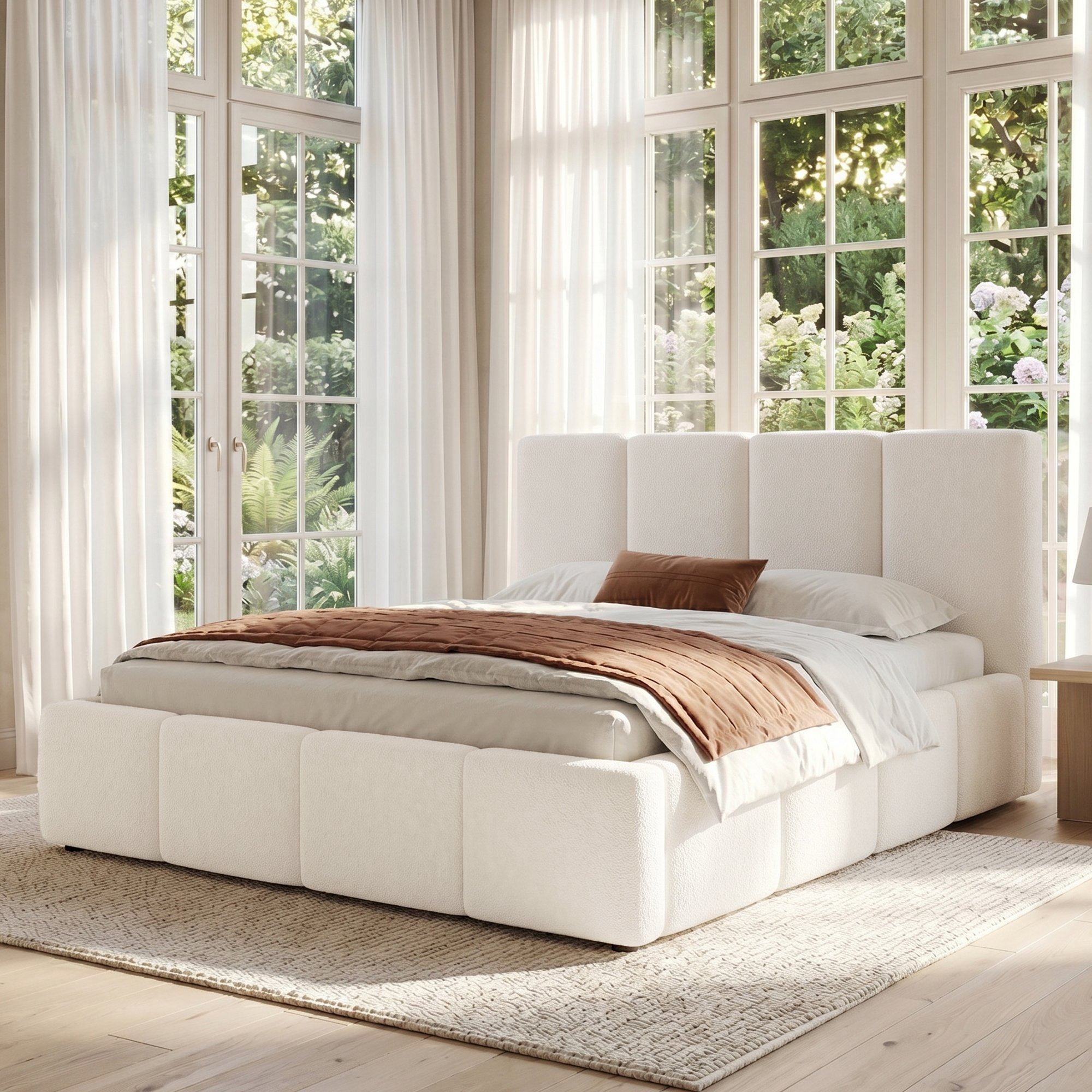 Lit double rembourré 180x200 beige tissu bouclé avec sommier à lattes et tête de lit capitonnée verticale