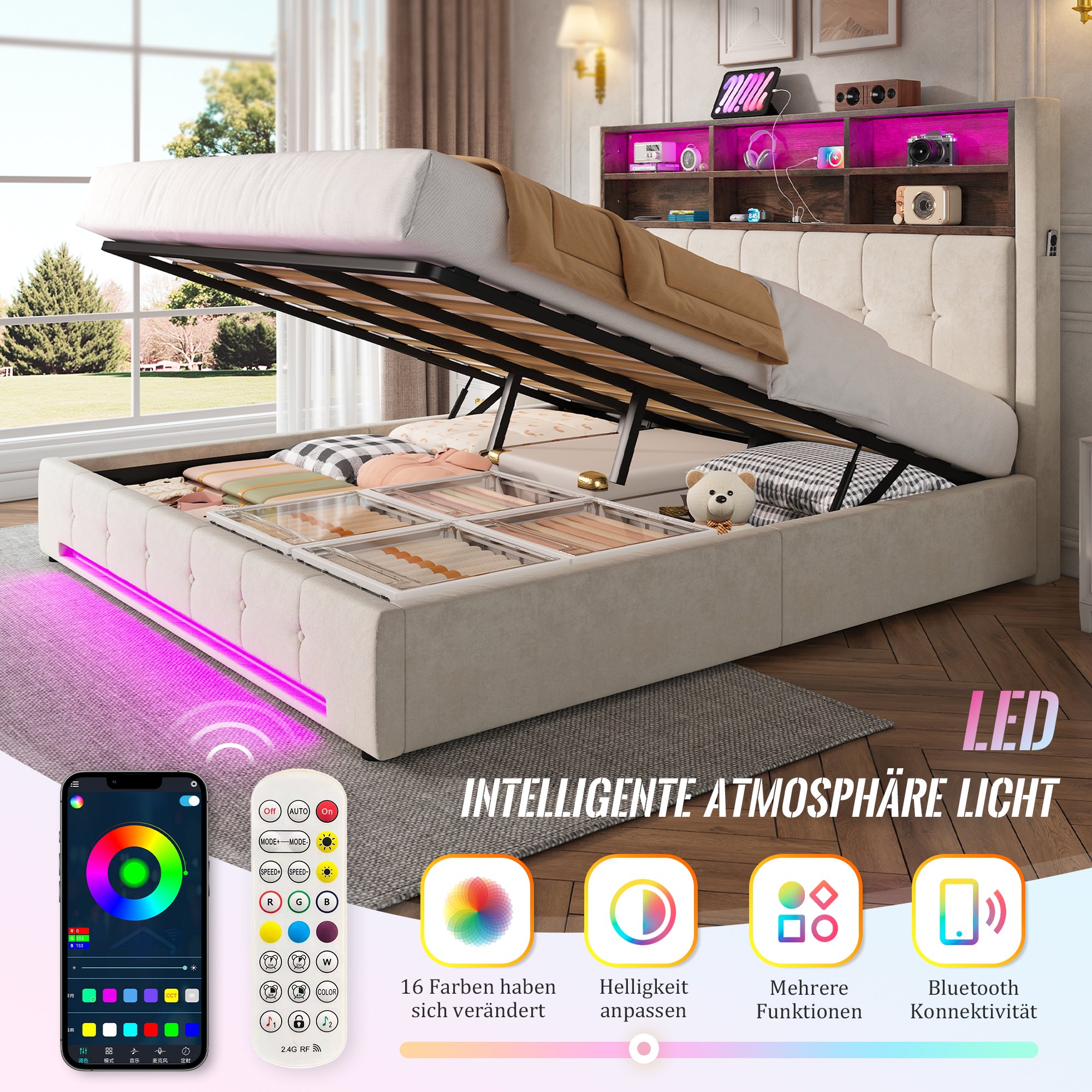 Lit coffre 180x200 en velours beige sur structure métallique, avec rangement hydraulique et tête de lit rembourrée