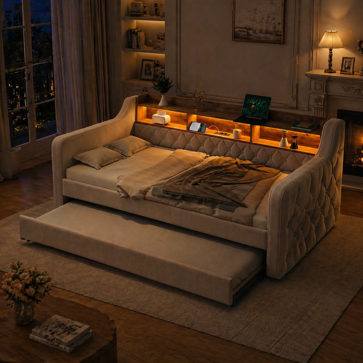 Lit coffre 90x190 cm en velours beige, structure métal et bois, avec LED et USB-C