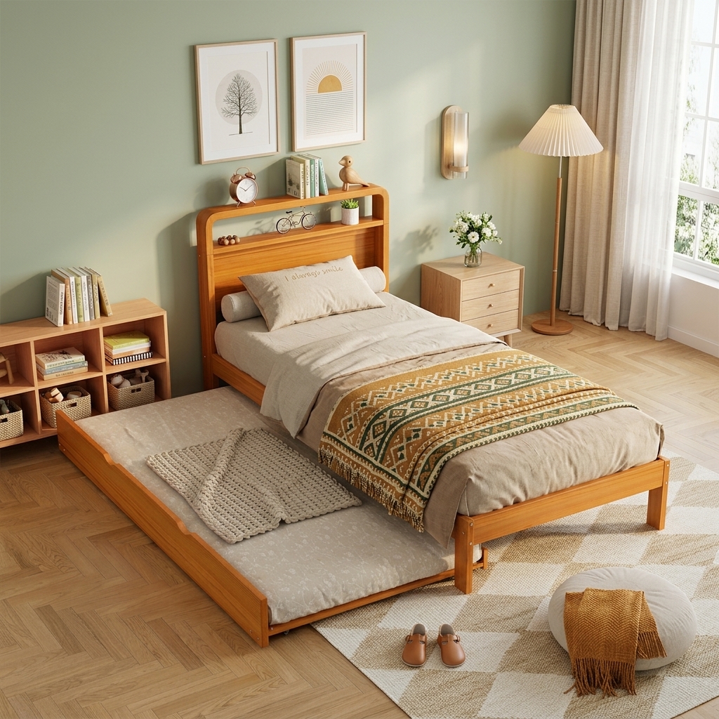 Lit gigogne 90x200 en bois avec tiroir 90x190, tête arrondie, montage flexible