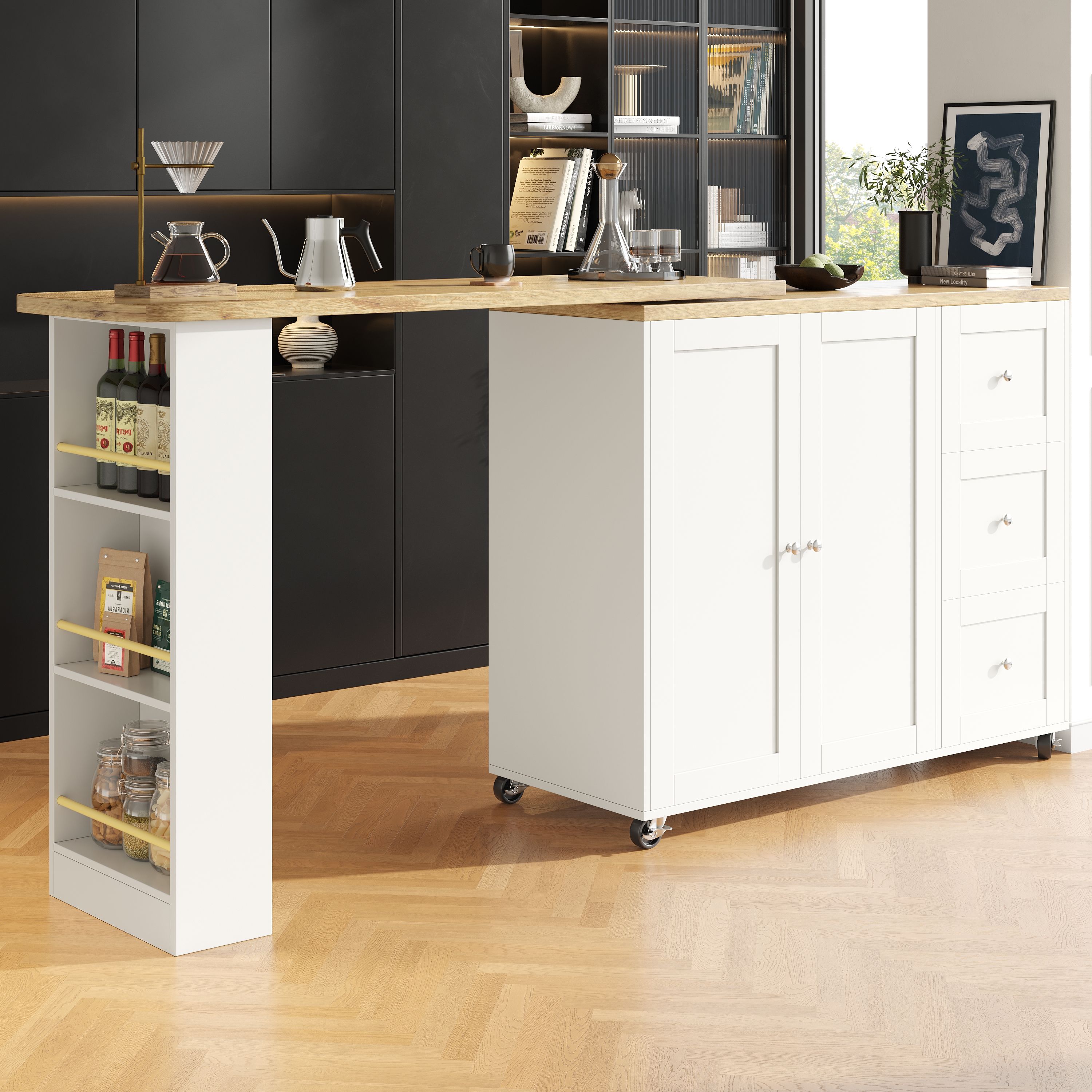 Îlot de cuisine blanc sur roulettes avec rangement, extensible 360°, 3 tiroirs, porte-snacks, en Panneau composite de fibres de bois à densité, pour cuisine et salon