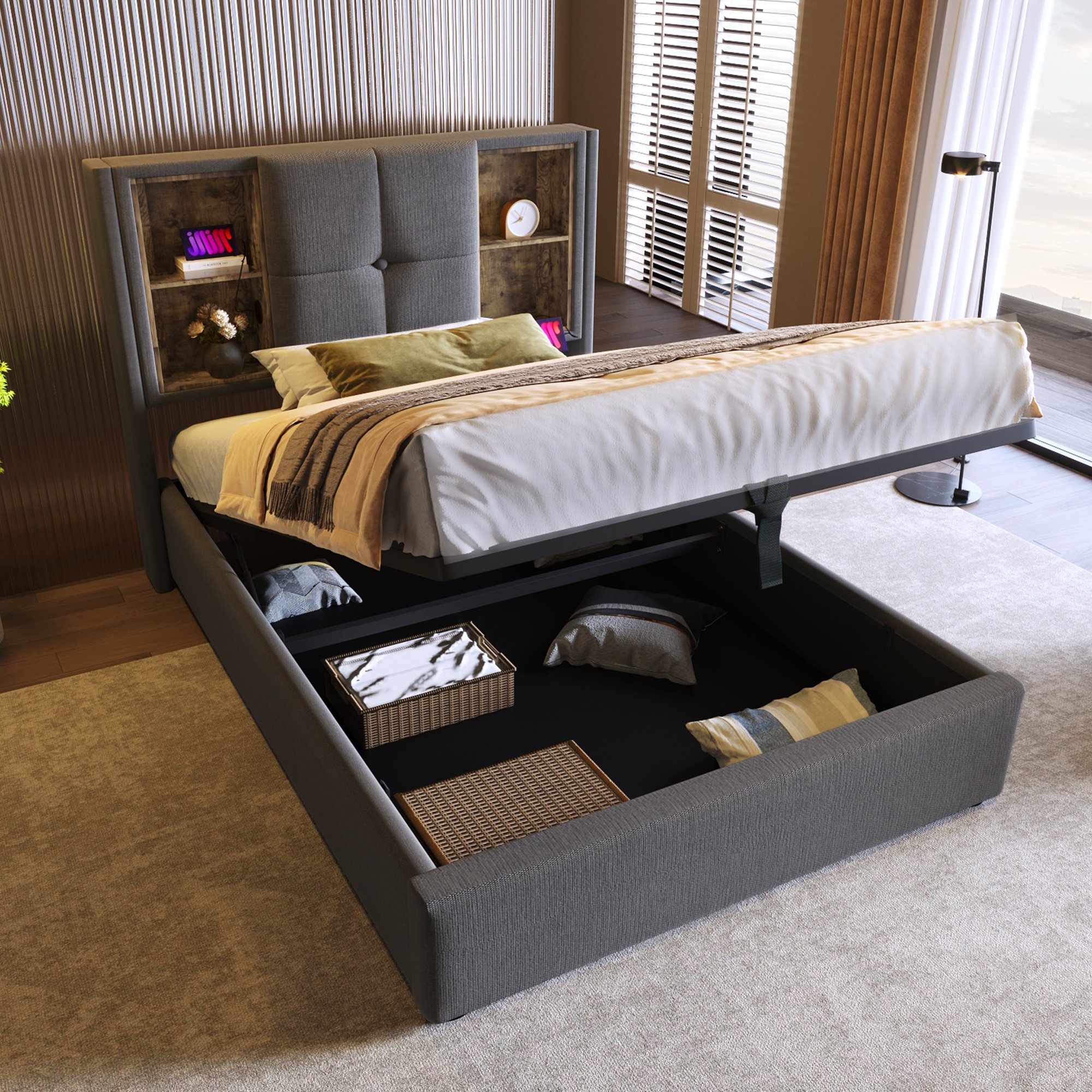lit coffre 90x200 avec matelas ressorts, rangement profond par vérin à gaz, ports USB et chargeur induction gris