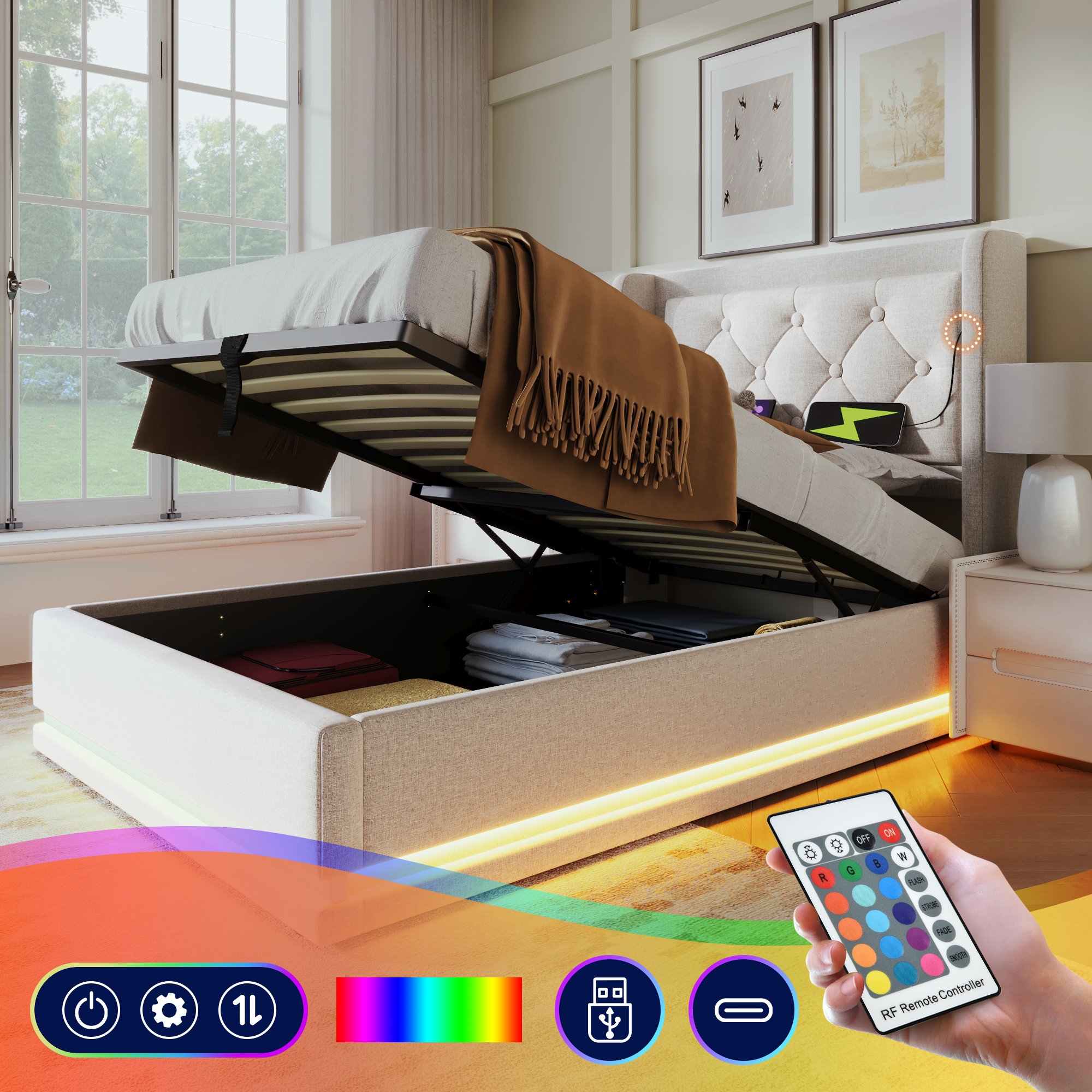 lit coffre 90x200 beige avec matelas ressorts ensachés, LED ambianciante et ports charge USB sur tête de lit capitonnée