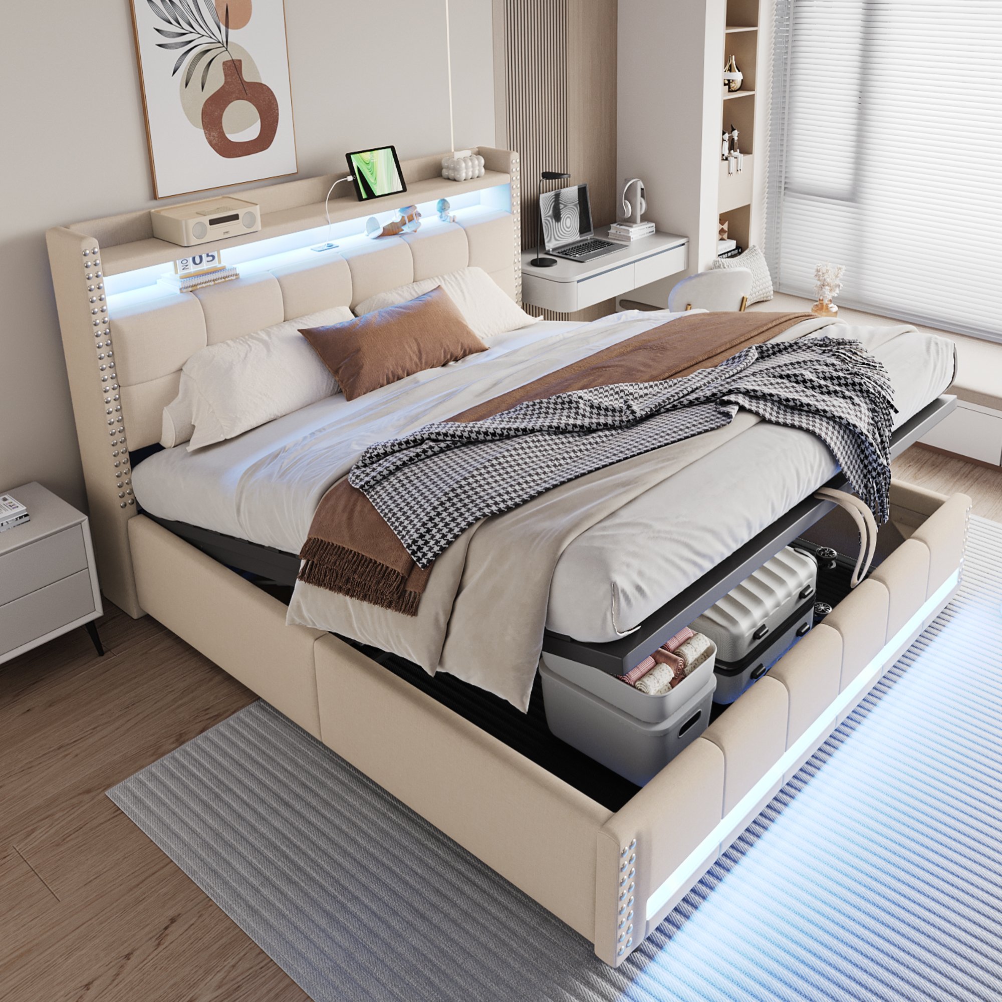 Lit coffre 180x200 avec tête de lit rangement, LED et USB, beige