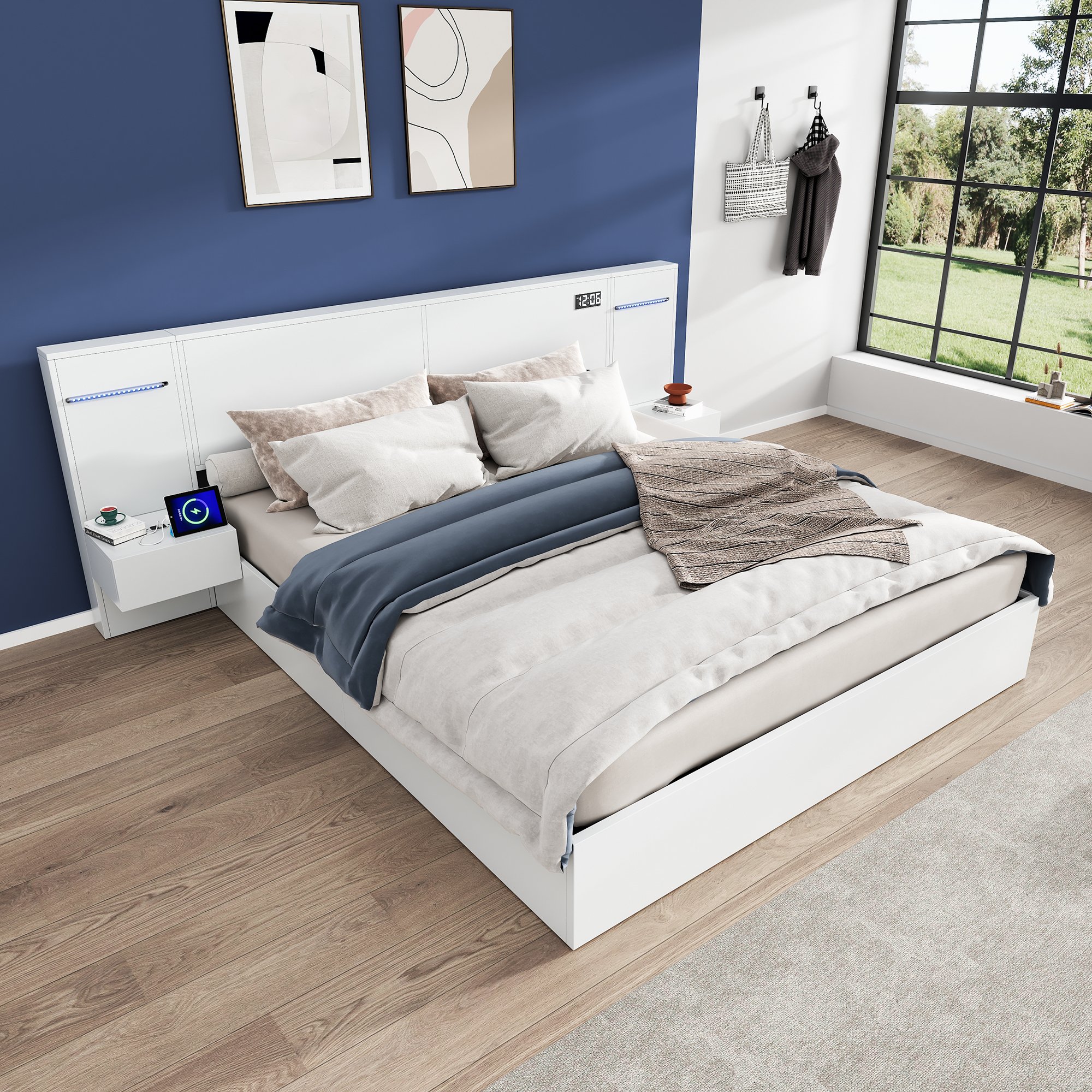 Cadre de lit double 160x200 en Panneau composite de fibres de bois à densité blanc avec sommier à lattes, tables de chevet fixes et éclairage LED intégré, sans tiroirs
