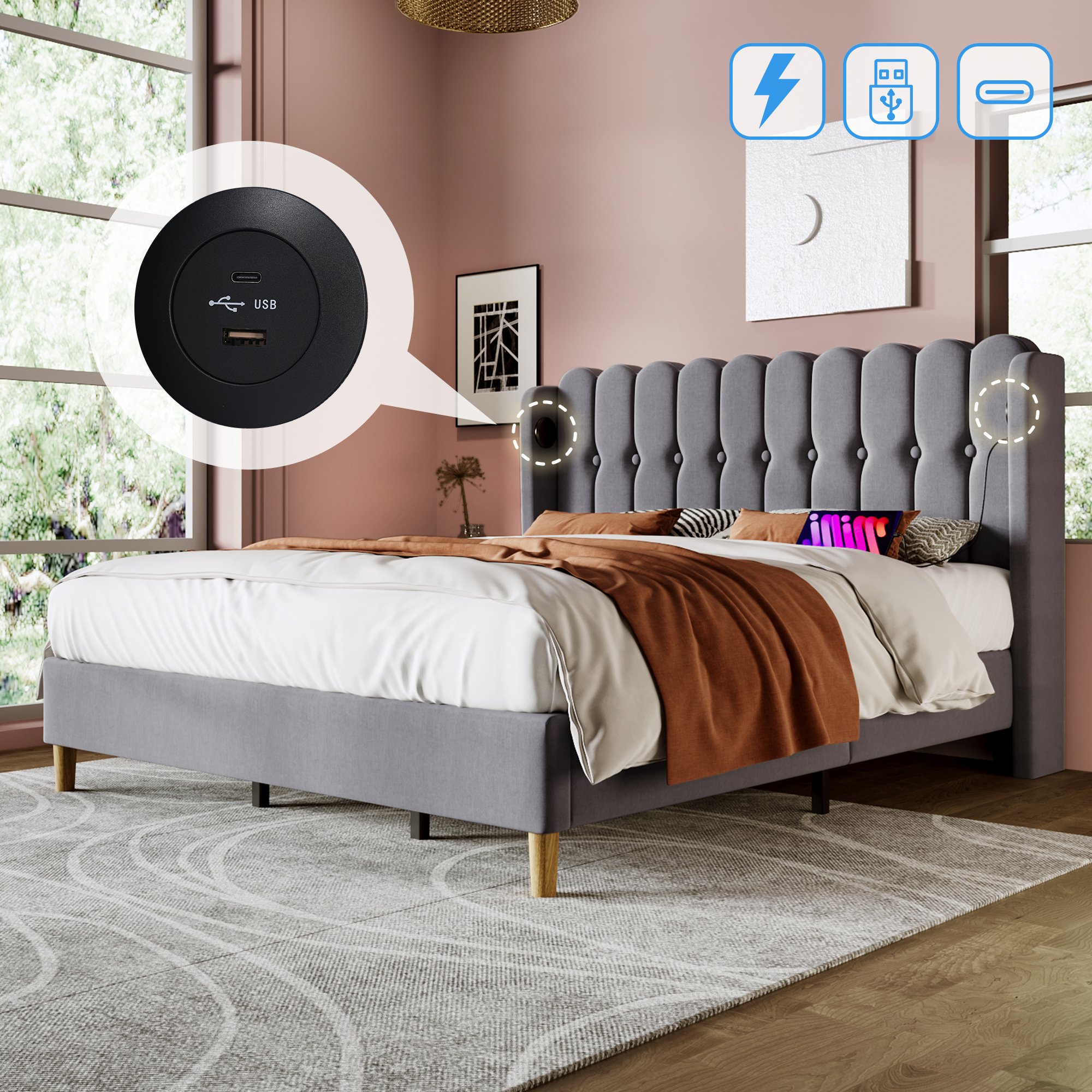 Lit double rembourré 180x200 gris avec sommier à lattes et chargeurs USB Type-C intégrés, assemblage facile